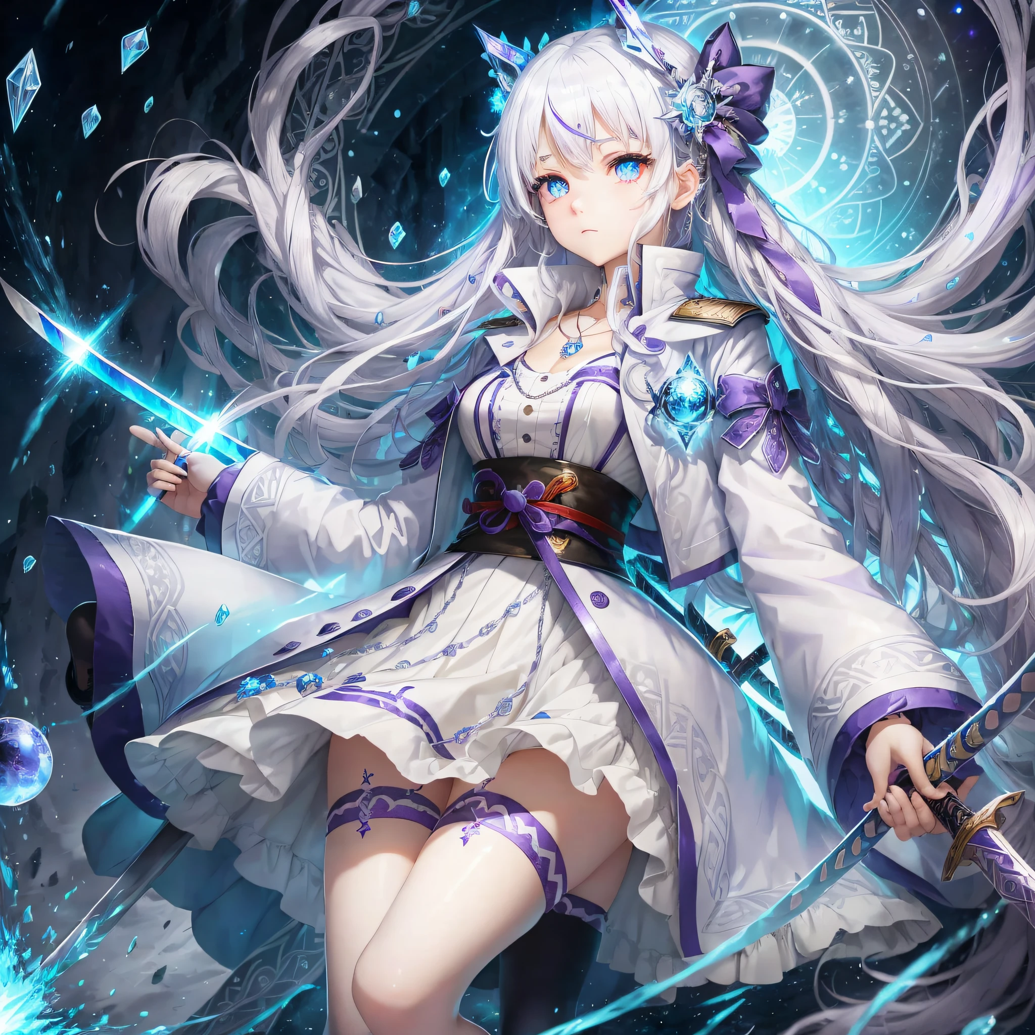 White hair, , blue-purple pupil of left eye, blue-red pupil of right eye, loli height, over-the-knee socks, high heels, three-five expression, katana, white trench coat, blue hairpin, girl, blue jewel pendant, long hair and waist, ribbon-like clothing subtle decoration, exuded, behind a magic pattern disc, floating like an angel above the head of the ice crown, the whole body emits cold air and fine ice crystals, three blade flow, different pupils --auto --s2