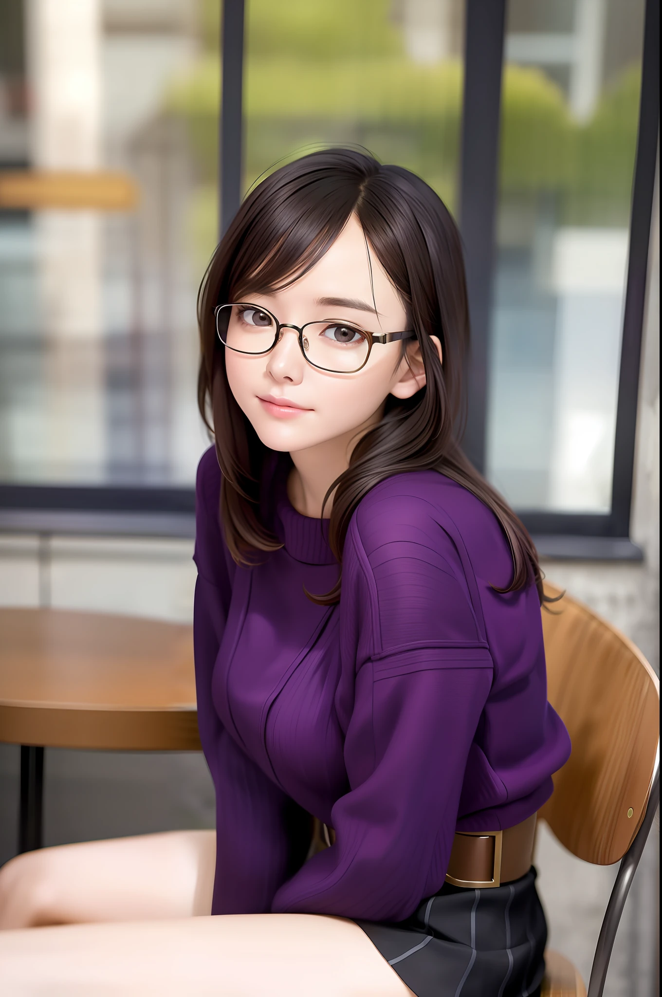 Masterpiece, best picture quality, beautiful girl, 20 years old, novelist, short skirt, from the waist up, coffee shop background, season is fall, detailed eyes, big eyes, swollen eyes, depressed eyes, serious expression, realistic photo, real photo, double eyelids, Japanese girl, beautiful Asian girl, looking straight ahead, up close, mature woman, bright professional evidence, slender, beautiful skin, beautiful legs, big tits, purple framed glasses, sitting on chair, street trees outside window,