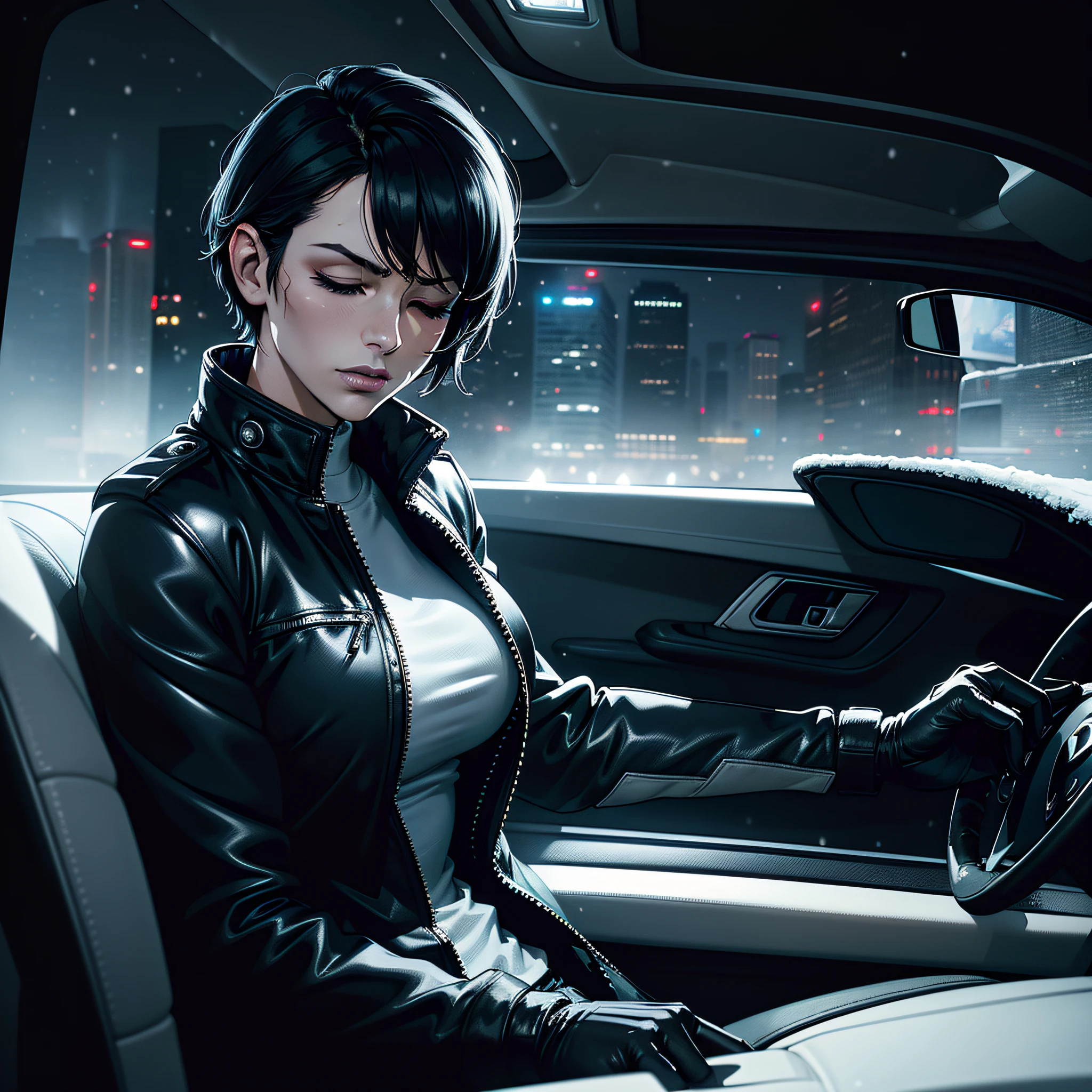 (((vector))), (Comics style), realistic, photorealistic, cinematic, cinematic lights, dark colors, volumetric lights, reflections, dramatic, ultra detailed, modern, ((masterpiece)), close-up on face, background embassado, faint colors, beautiful, sexy woman, solo, blue eyes, short hair, black hair chanel, hair in the wind, light age marks, slim body fitness, (((inside the car))), ((passenger side))), (((eyes closed)), (((speaking))) winter jacket, jeans, sad, nobody, sad, dark city, snowing, city with snow, few lights, fog, cold, tense, cold gloves, looking at screen, sexy, beautiful, snow on the body, puddles of water, relfexos.