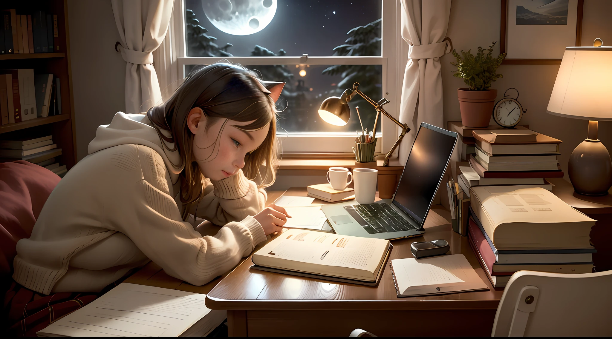 Make one with a teenage girl studying looking at the computer and writing in the notebook on a desk with a computer and the moon in the window and moon lighting, the bed on the right side and a cat on top of the window being lit by the moon, a cup of coffee on the table, the bed a little messy and books on the table!