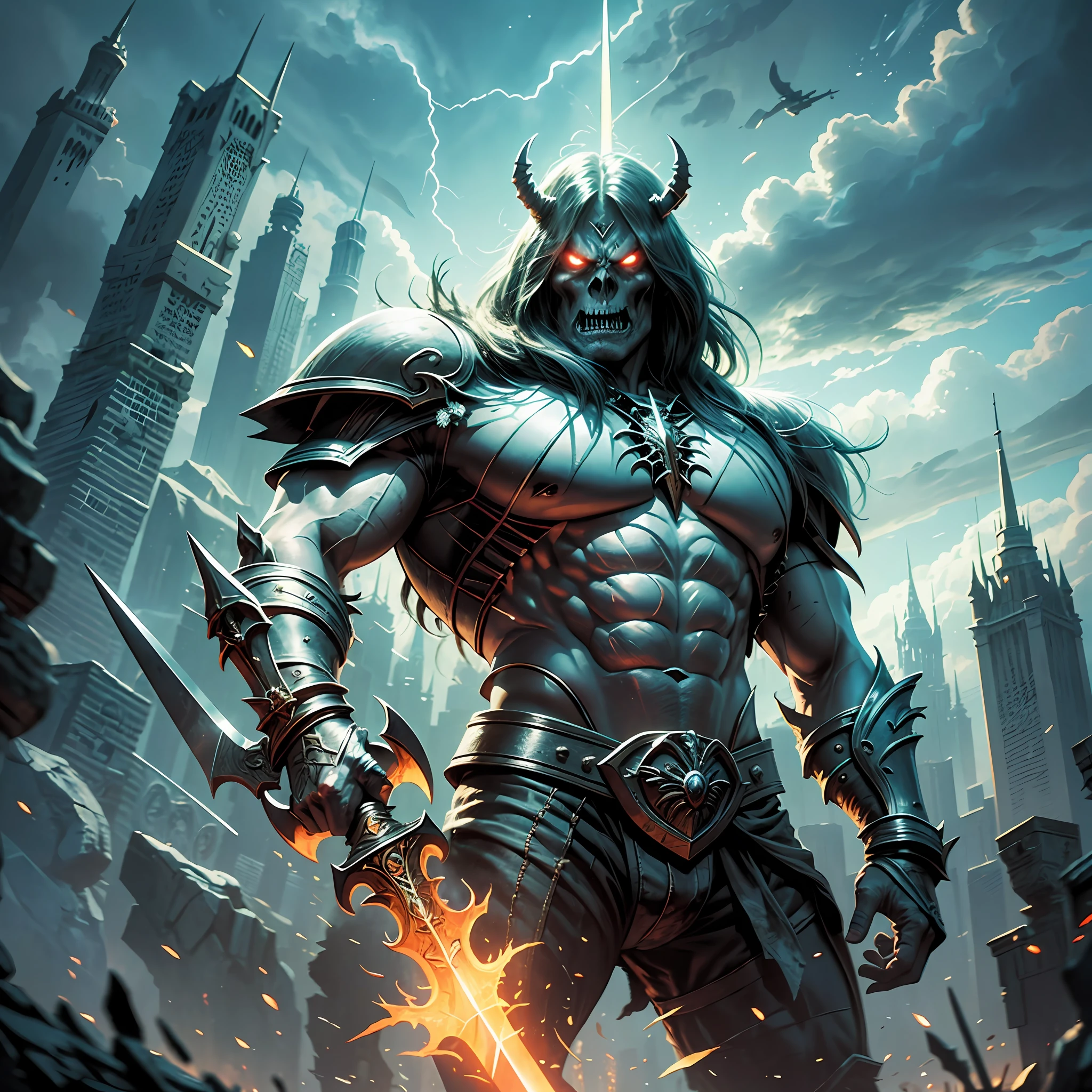 Ultra realistic, He-Man is a superhero and main protagonist of the franchise of swords and planets Masters of the Universe, 01 homeem, barbarian, raising his sword in front of the castle of Castle Grayskull, with lightning coming out of his sword, next to his mortal enemy the skeleton, Skeletor is the evil master of Eternia, with a look of mortal fury holding his evil trident. In ultra realistic quality, 4k, unreal engine