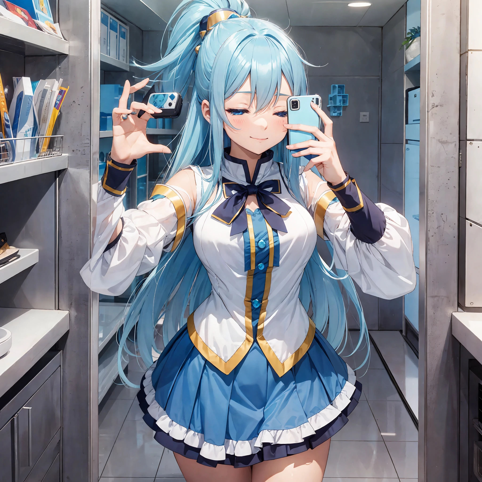 aqua \(konosuba\), 1girl, ;d, blue eyes, blue hair, blush, highlighted white sleeves, hair ornament, long hair, one eye closed, mouth open, single hair ring, blue skirt, smile, solo, white thighs, selfie, in mirror kono subarashii sekai ni shukufuku wo!, --auto --s2