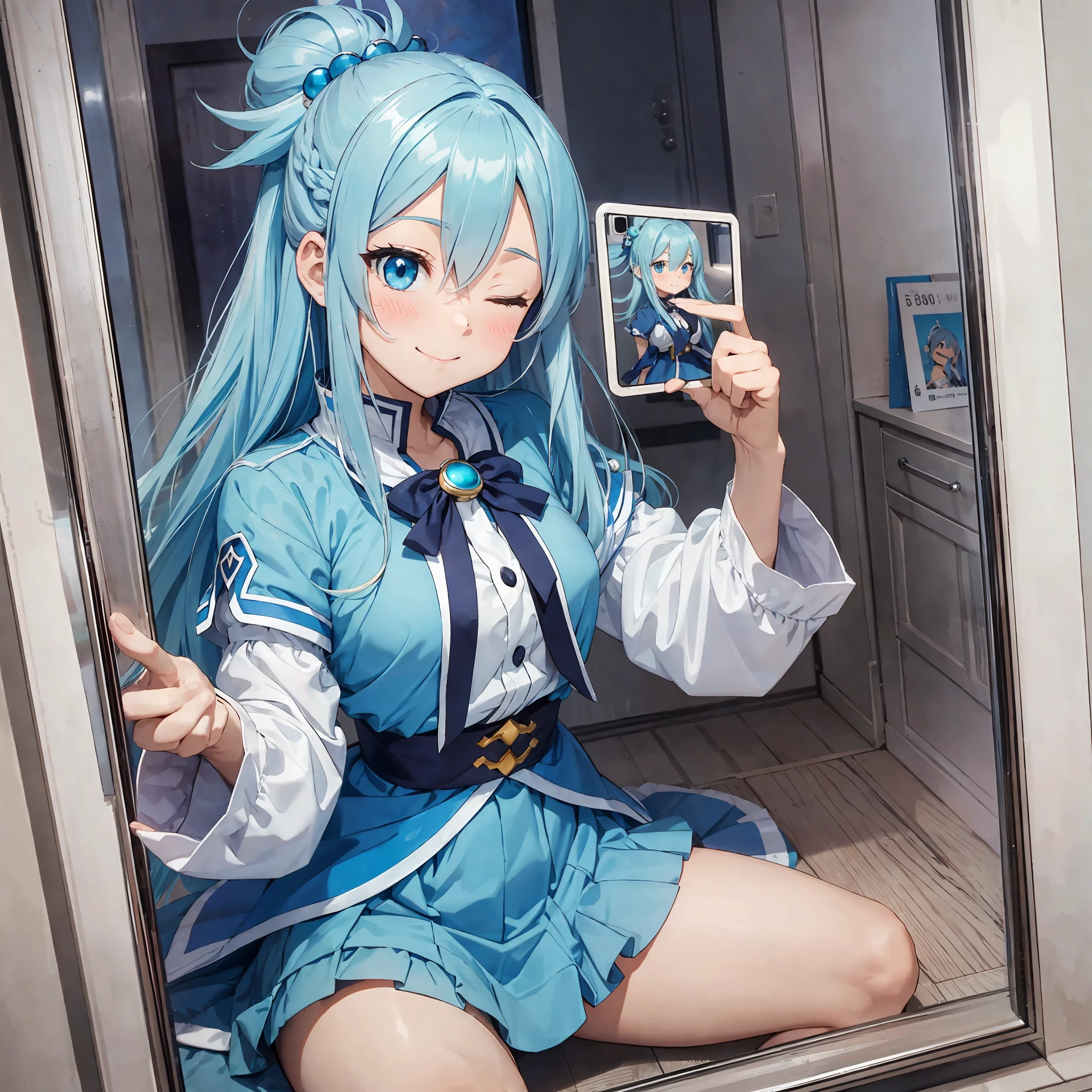 aqua \(konosuba\), 1girl, ;d, blue eyes, blue hair, blush, highlighted white sleeves, hair ornament, long hair, one eye closed, mouth open, single hair ring, blue skirt, smile, solo, white thighs, selfie, in mirror kono subarashii sekai ni shukufuku wo!, --auto --s2