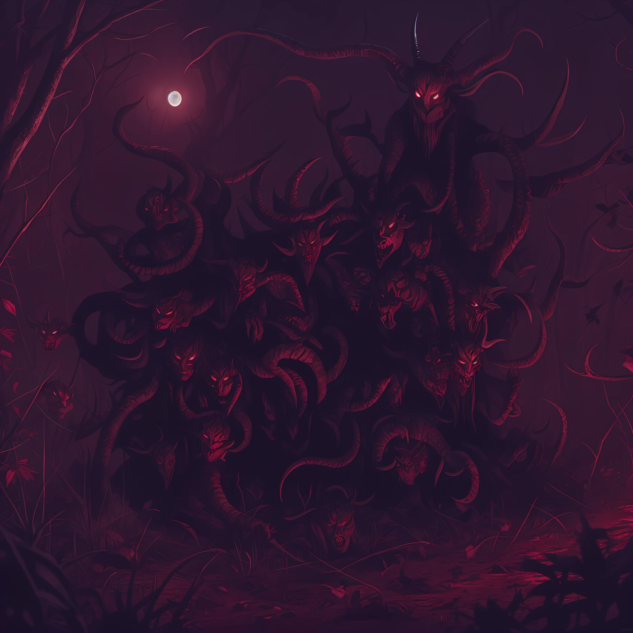 Forest, at night, moonlight, seven-headed, ten-horned monster, scary red eyes, long arms, devouring a woman, blood on the ground, girl, goat, demon. Maximum quality. --auto --s2