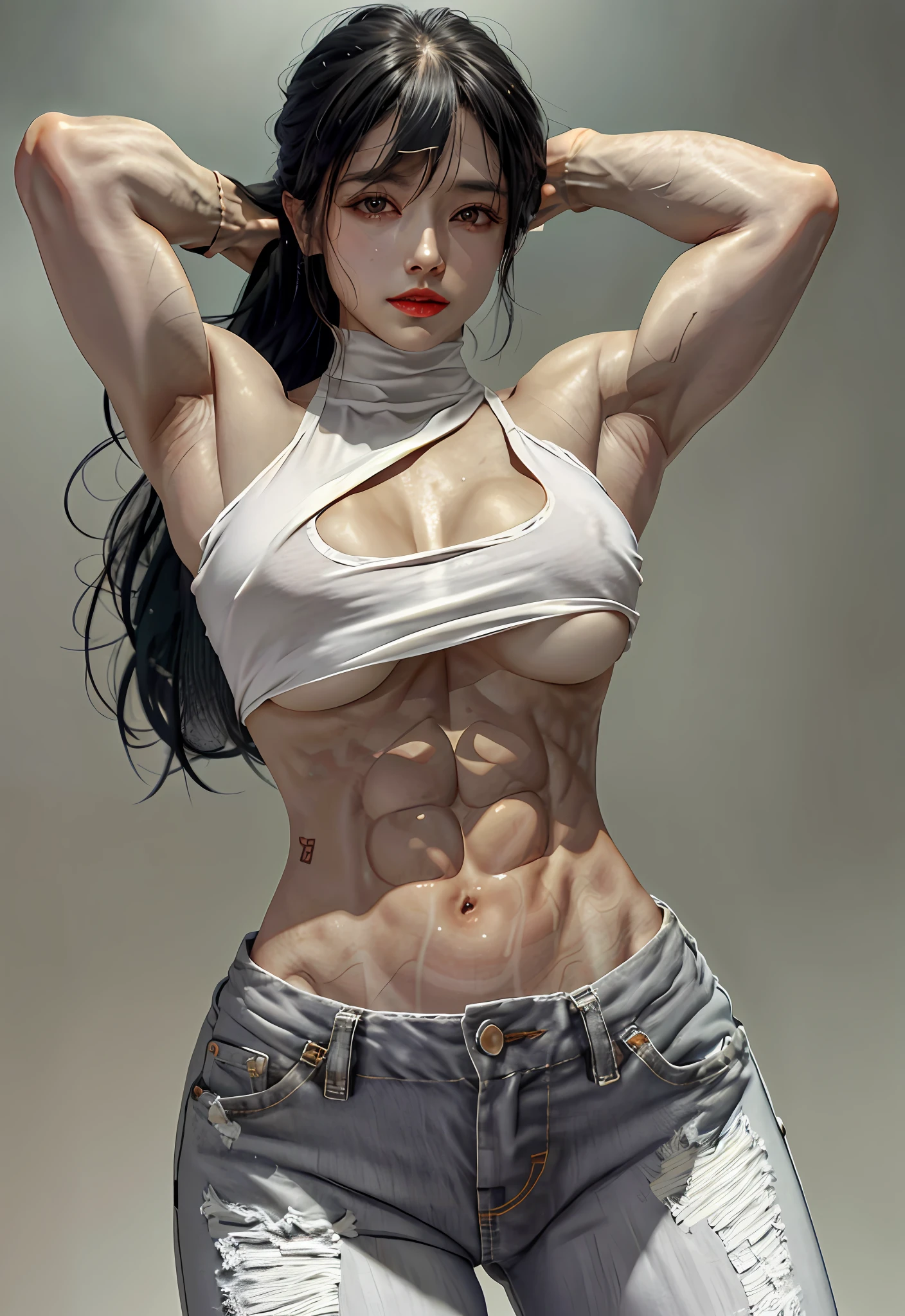 girl, bangs, bare shoulders, black pants, breasts, breasts squeezed together, gray background, hair between eyes, long hair, view viewer, pants, parted lips, red eyes, shirt, simple background, sleeveless, sleeveless shirt, solo, turtleneck, V-arms, gray hair, (shiny skin), (masterpiece: 1.4), (best quality: 1.4), ,,, Facigirl, red lips, perfect abs, navel, (:1.5), (transparent areola), , huge, sweat, No clothes on