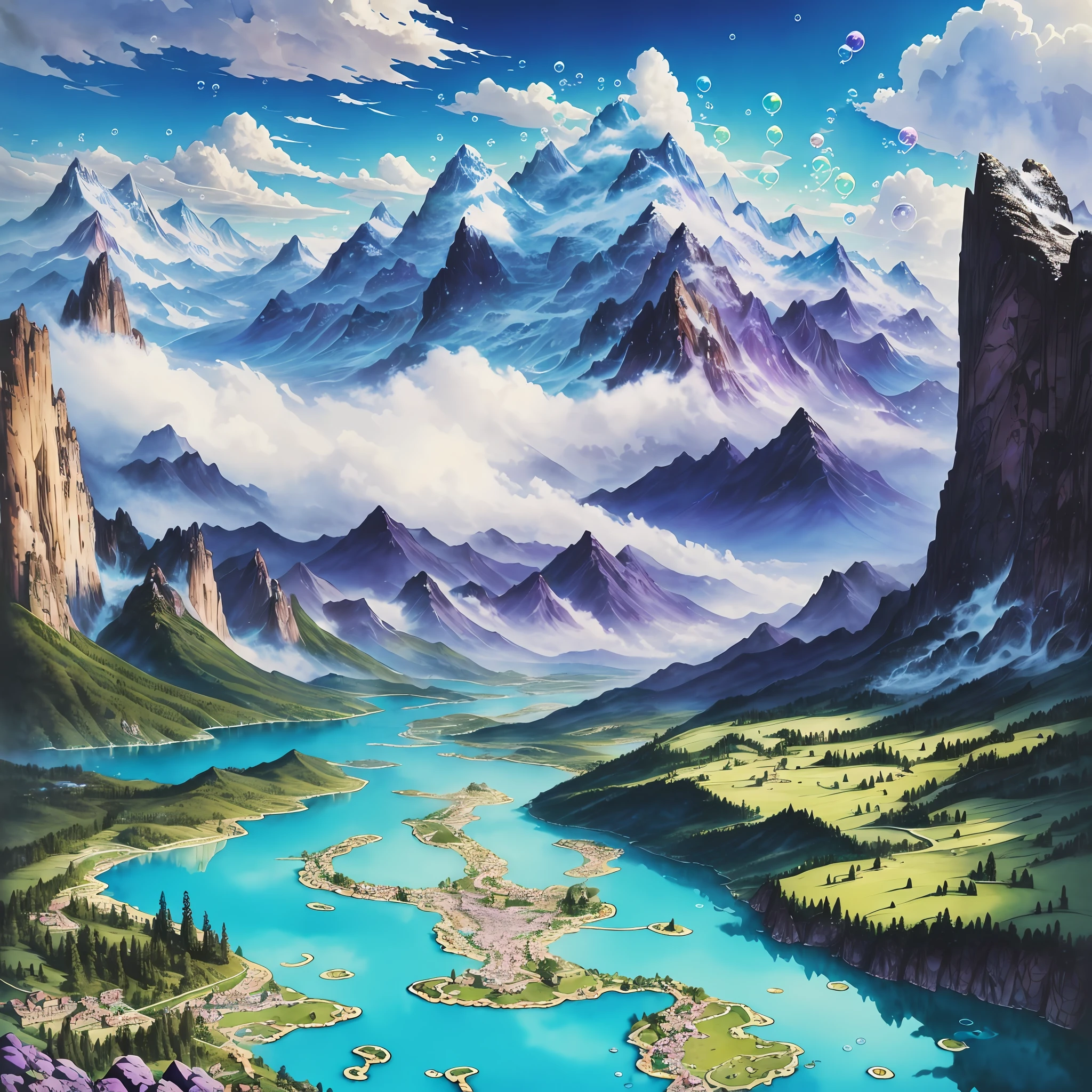 Watercolor drawing, "Majestic mountains," "Hyper-realistic textures," Banksy, Liu Bolin, Ansel Adams, Yoshitaka Amano realistic fantasy, Extensive landscape ultra photography (general view showing soap bubbles, water, water circles, sky, drops), blurred background, cool, turquoise shade, a little purple, airy color, magic --ar 3:2