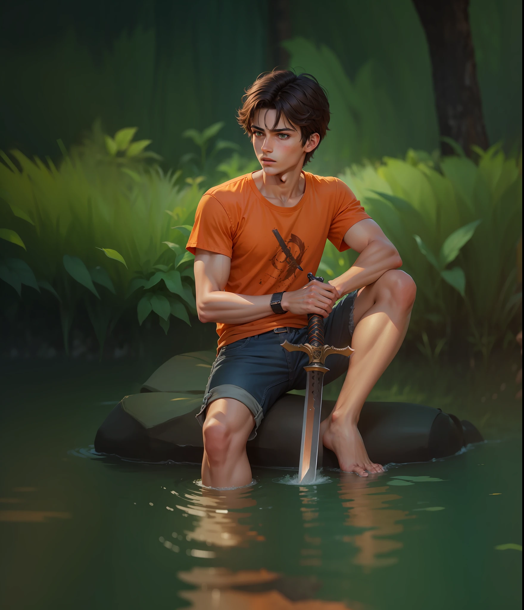 4k, realistic, very detailed, age male, dark brown hair, green eyes, wearing orange T-shirt and jean shorts, with a sword in hand.