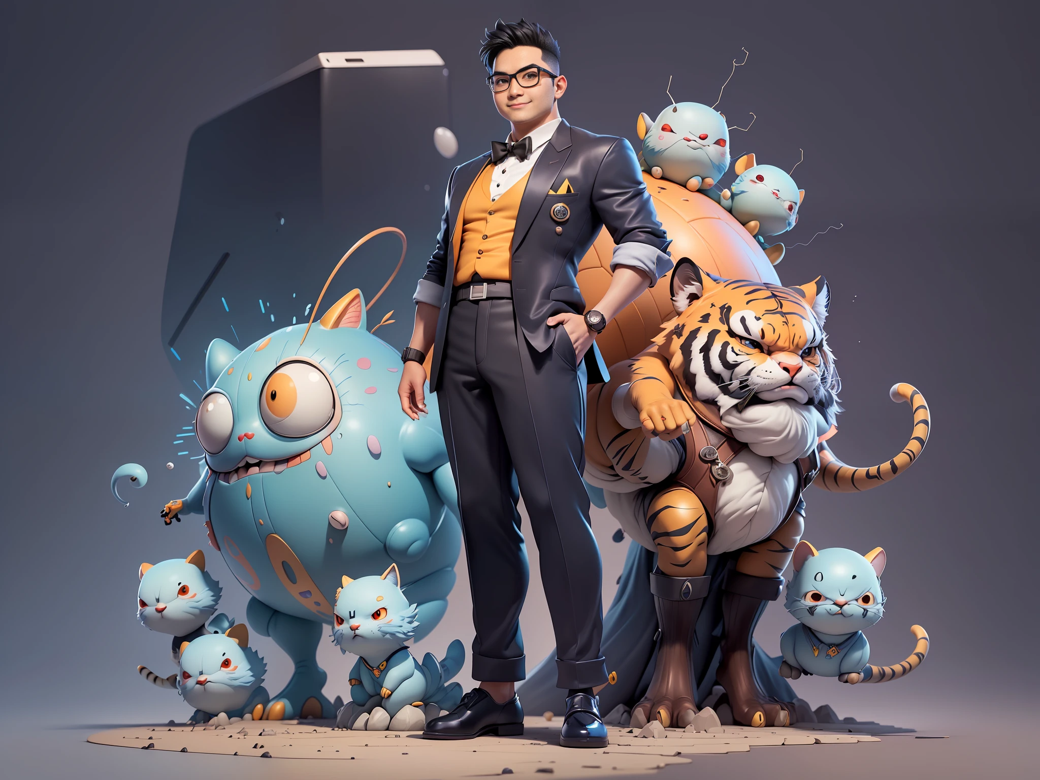 ((Masterpiece), (Extreme Quality), (Super Meticulous), (Full Body: 1.2), Super Young Man, Oriental Face, Japanese Wind and Thunder, Dragon, Tiger, TV Anchor, Bust Portrait Illustration, Alone, Black Formal Suit, Blue Tie, Slightly Chubby Face, Silver Glasses Face Very Clean No Beard, Black Super Short Hair, Black Eyes, Confident Smile, 3c Computer Sub-Products, iPad, iPhone, Digital Painting, 3D Character Design by Akira Toriyama and Mark Claireden and Pixar and Hayao Miyazaki, The illustration is a high-definition illustration in 4K resolution with very detailed facial features and cartoon-style visuals.