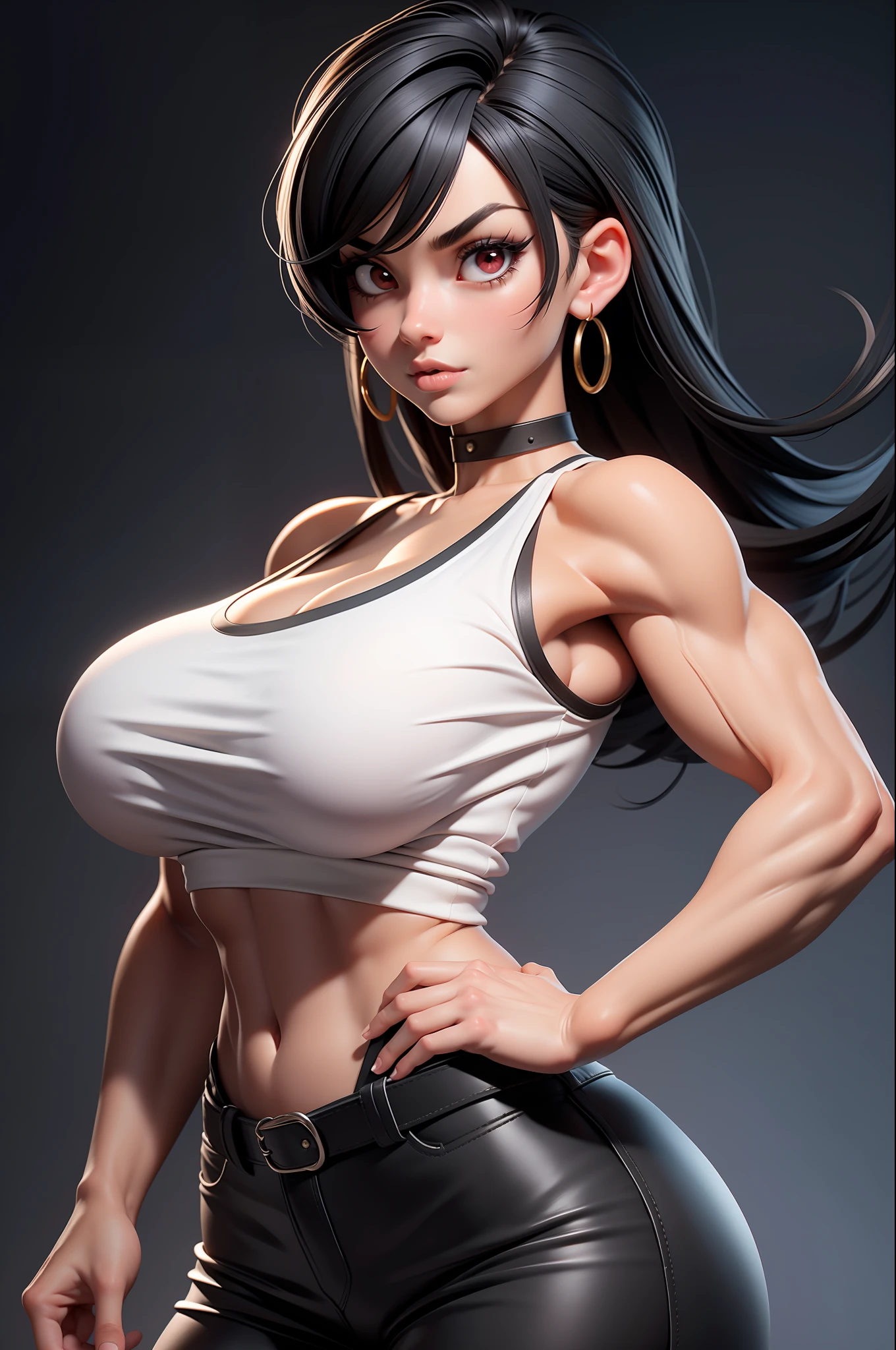 masterpiece, best quality,3d rending work ,3DMM style,close-up, 3D,1girl, solo, black hair, teardropshaped earrings, looking to the side, realistic, upper body, simple background, bangs, looking away, long straight black hair, parted lips, choker, makeup, mole, (white tank top:1.3), red eyes, tifa lockhart, (huge breasts:1.5) cleavage, exposed stomach, toned abs, toned arms, black miniskirt