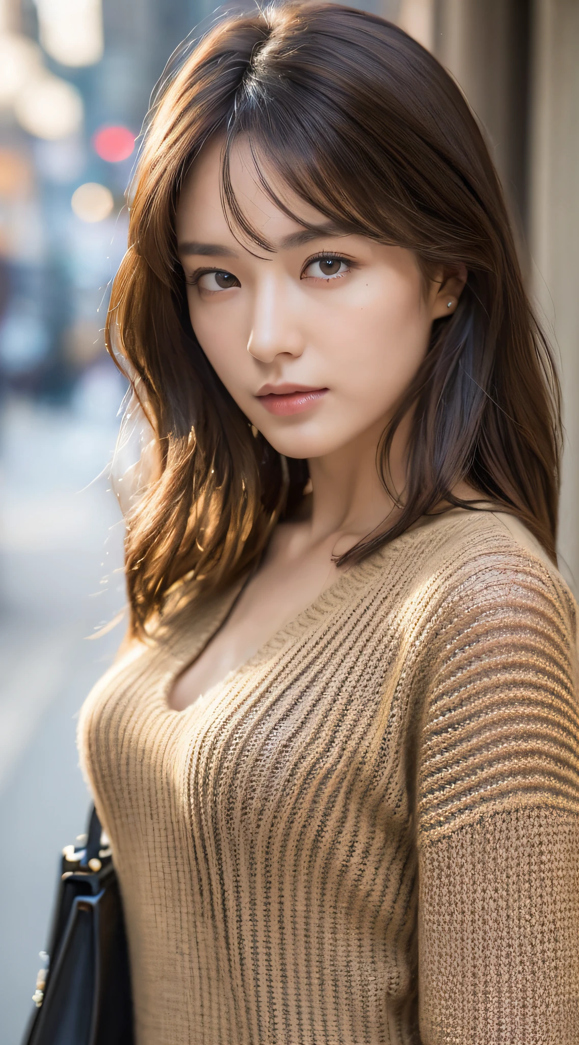 ((Top Quality, 8k, Masterpiece: 1.3)), Sharp Focus: 1.2, Beautiful Women in Perfect Style: 1.4, Slender Abs: 1.2, ((Dark Brown Hair)), (Natural Light, City Street: 1.1), Highly Detailed Face and Skin Texture, Detailed Eyes, Double Eyelids, Hand-knitted Sweater
