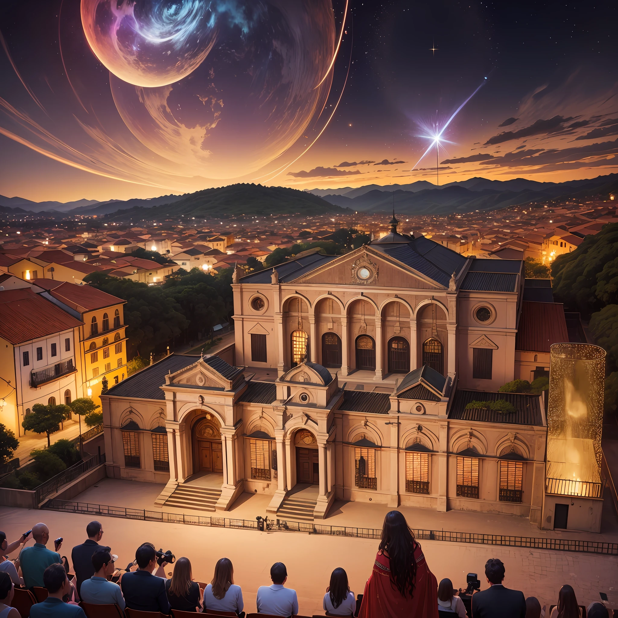 Paint an image of Tiradentes captivating a Minas Gerais audience on a stage with a 360-degree projection in a gigantic dome, with the inspiring presence of Baroque paintings reminding everyone of the historical importance of the Minas Gerais inconfidência. The center stage is a masterpiece of design, radiating pulsating lights and holographic effects that create an immersive visual experience. Tiradentes takes the stage with a pulsating energy that summons the ideals of freedom. An orchestra with baroque instruments fills the stage. Baroque music invades the whole environment. The audience, composed of diverse Brazilian families, is delighted with the presentation. Above them, the landscapes of the rich state of Minas Gerais merge with the houses of Mariana and Ouro Preto, its baroque churches, its cobblestone slopes. --auto --s2