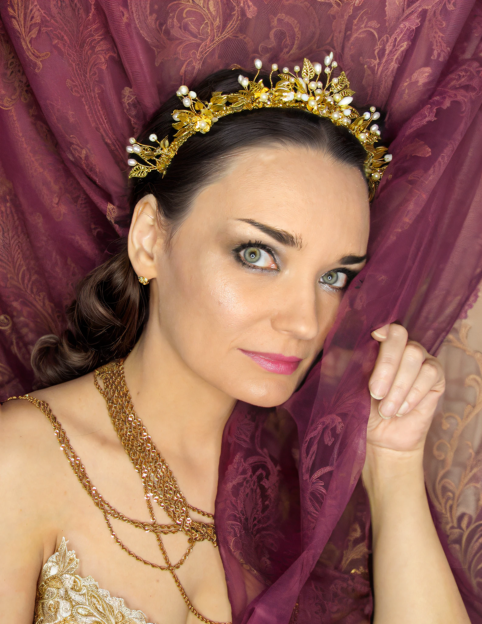 RAW photo, masterpiece,high quality, russian national style, woman wearing a gold crown and pearls on her head, realistic detailed hair, brown hair, beautiful light, trending on artstation, cgsociety, devianart, background is a curtain of a purple damask fabric with a pattern of wavy lines, national russian, long flowing fabric with golden shine, silk fabric, deep purple, diaphanous translucent, soft translucent fabric folds, drapery, baroque cloth, detailed brown hair, elegant fabric, paisley, alizarin curtains, foliage, beige and golden lace national russian dress, extremely detailed , sharp, a photorealistic extremely detailed fabric texture, adorned with golden embroidery and beige pearls , analog ,8k uhd, highres, arafed bride wearing a elegant bridal lace Luxury Dress, small breasts, beautiful shaded , beige and golden lace, beautiful shoulders, beautiful skin, realistic shaded skin, , photo realistic, extremely detailed, beautiful breast, beautiful shoulders , perfect body,