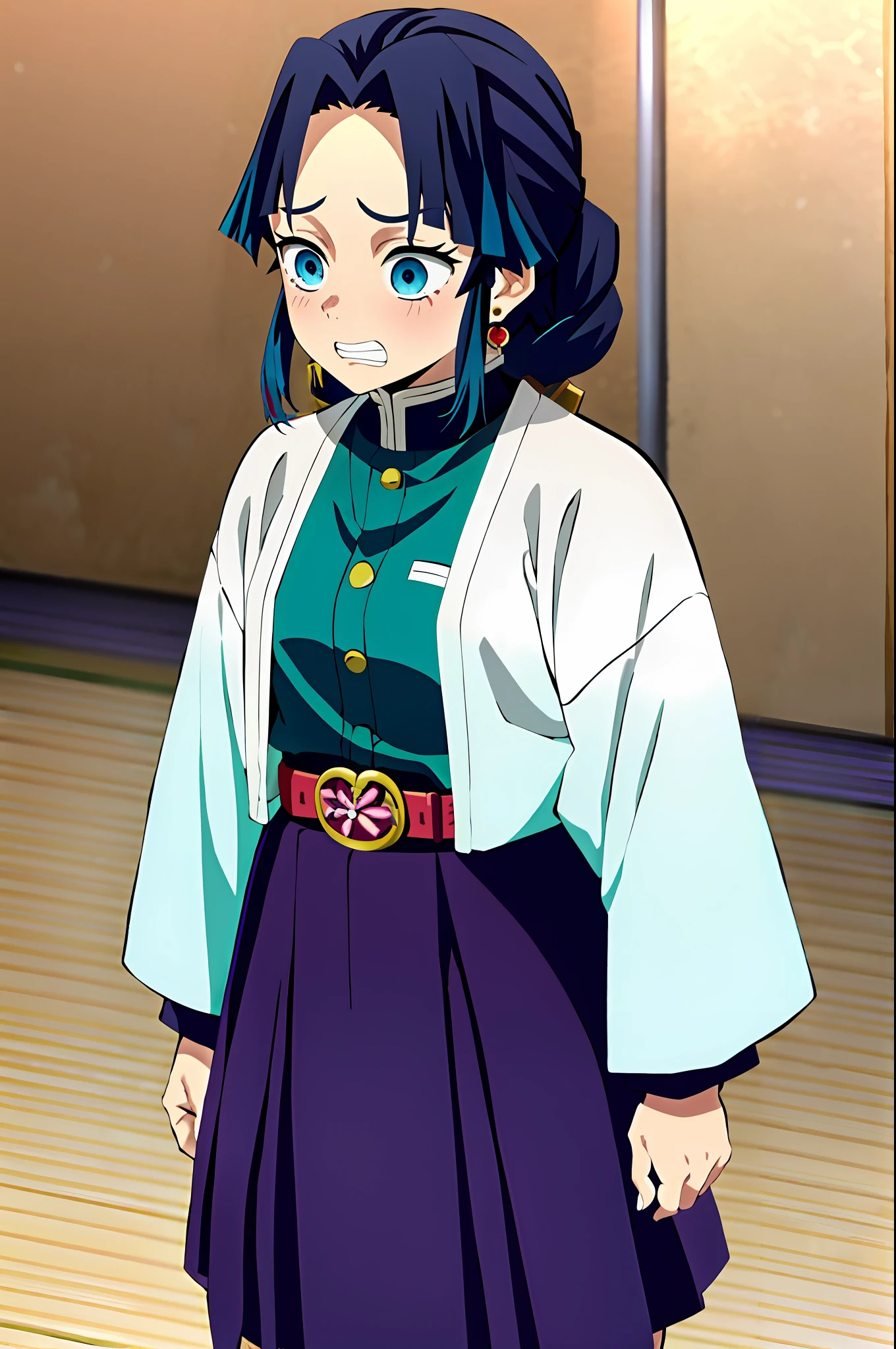 imetsu no Yaiba style, Original character , Demon Slayer Uniform, 1 girl, girl focus, Weapon, blush, Earrings, Teeth, Jewelry, skirt, colier , long midnight blue hair, hair braid, Belt, skirt, Japanese clothes, Haori, Haori , Solo, Turquoise blue eyes, Long sleeves, Anime coloring, ((masterpiece)), Shy face,