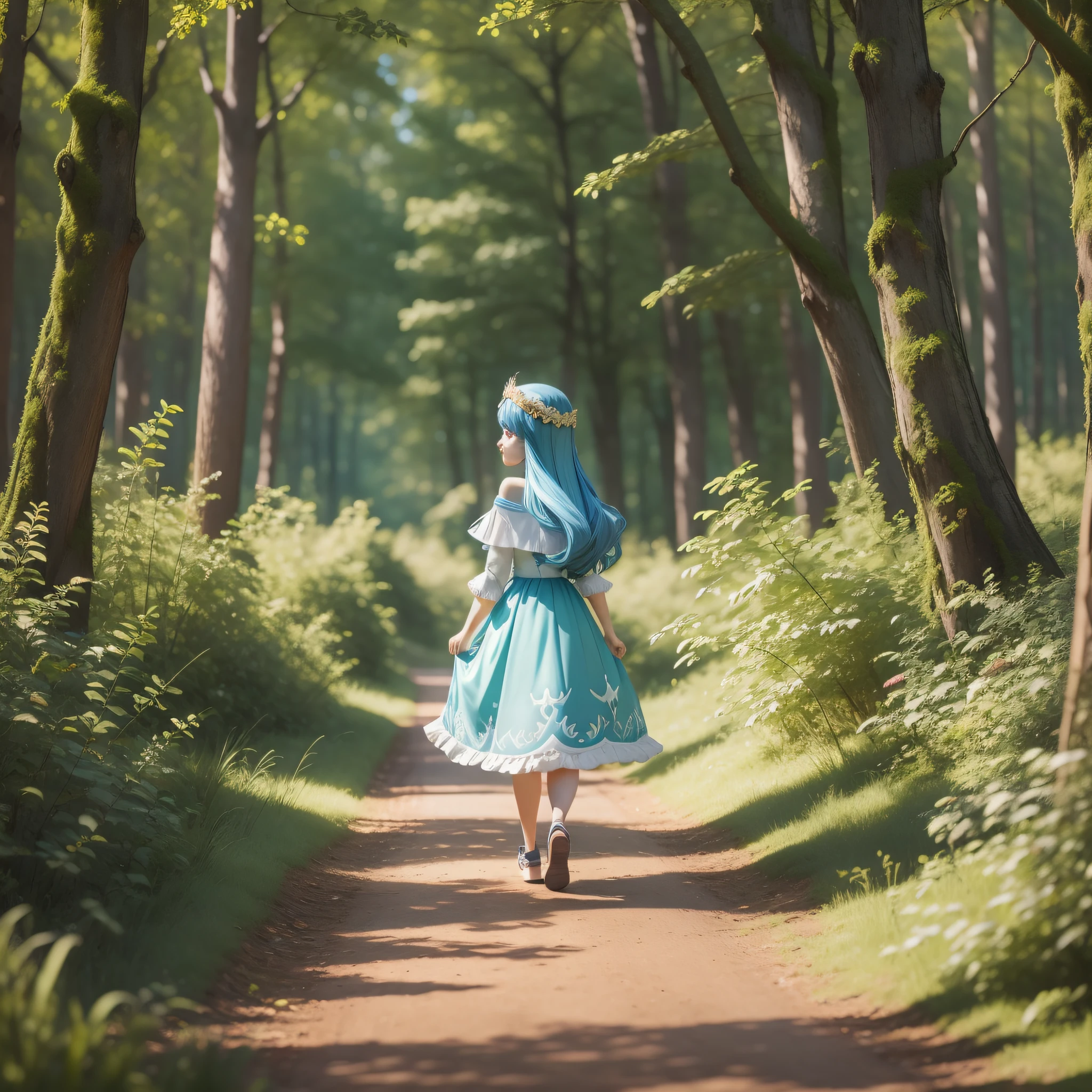 Create a Pixar princess strolling in the woods with a dron