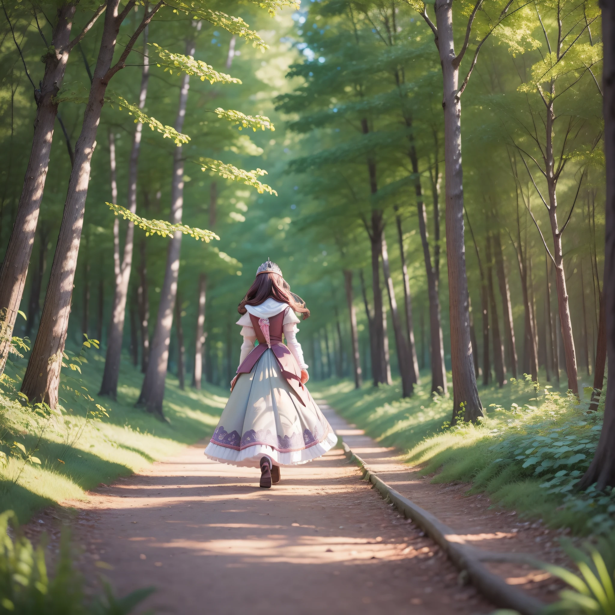 Create a Pixar princess strolling in the woods with a dron