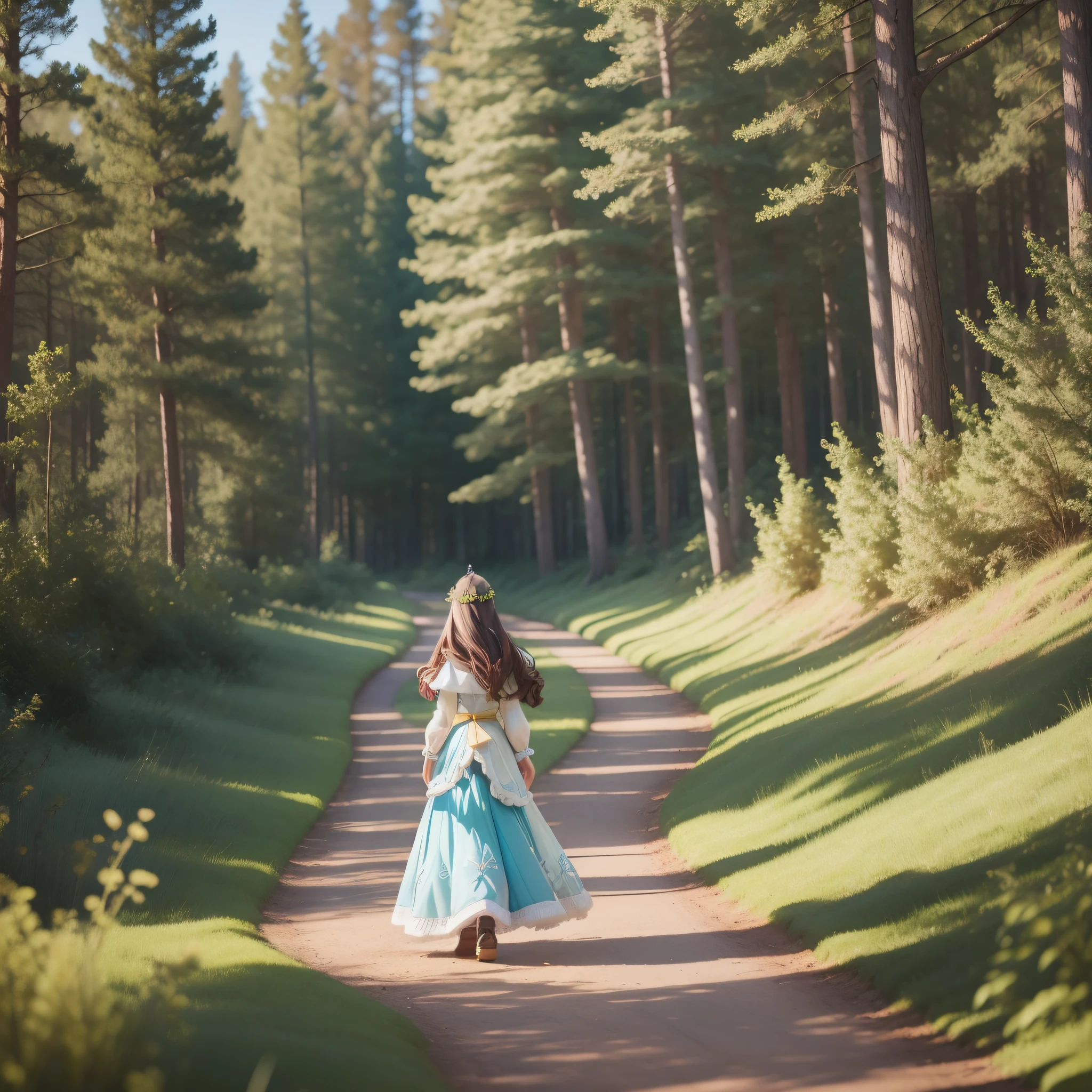 Create a Pixar princess strolling in the woods with a dron