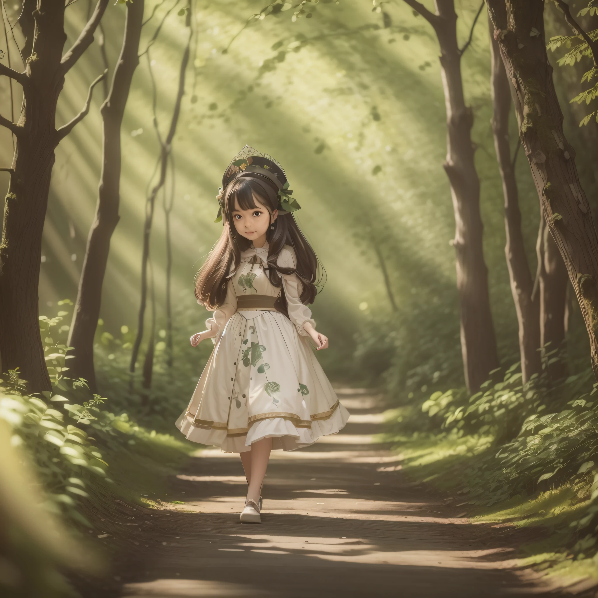 there is a girl that is walking down a path in the woods, a maid in a magical forest, enjoying a stroll in the forest, anime lush john 8k woods, forest city streets behind her, in a magical forest, walking around in a forest, anime nature, on forest path, in the magical forest, small curvy , walking around in forest