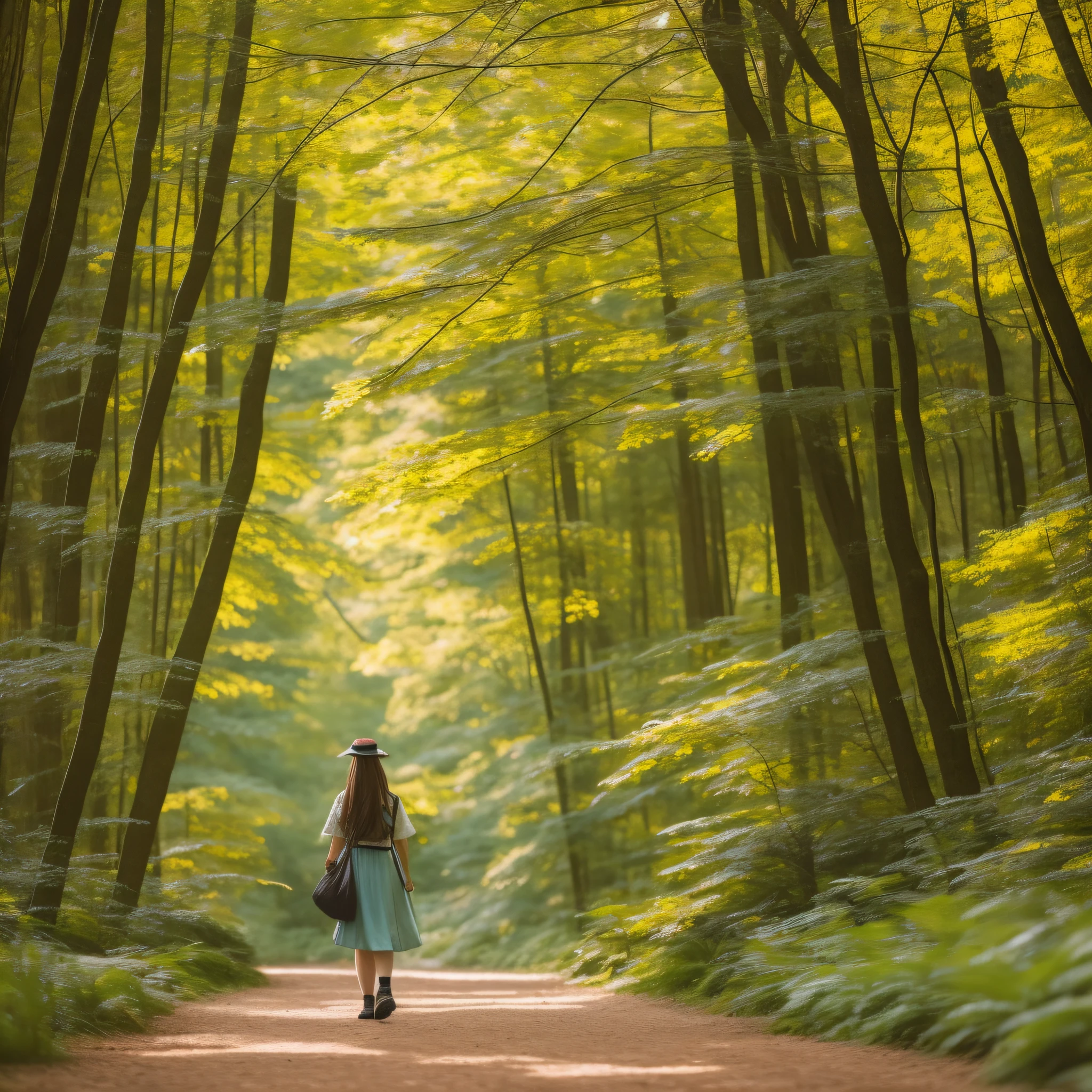 There is a girl who is walking down a path in the forest, a maid in a magical forest, enjoying a walk in the forest, lush anime John 8K woods, forest city streets behind her, in a magical forest, walking around a forest, anime nature, on the forest path, in the magical forest, little curvilinear loli,  Strolling in the forest with a dragon