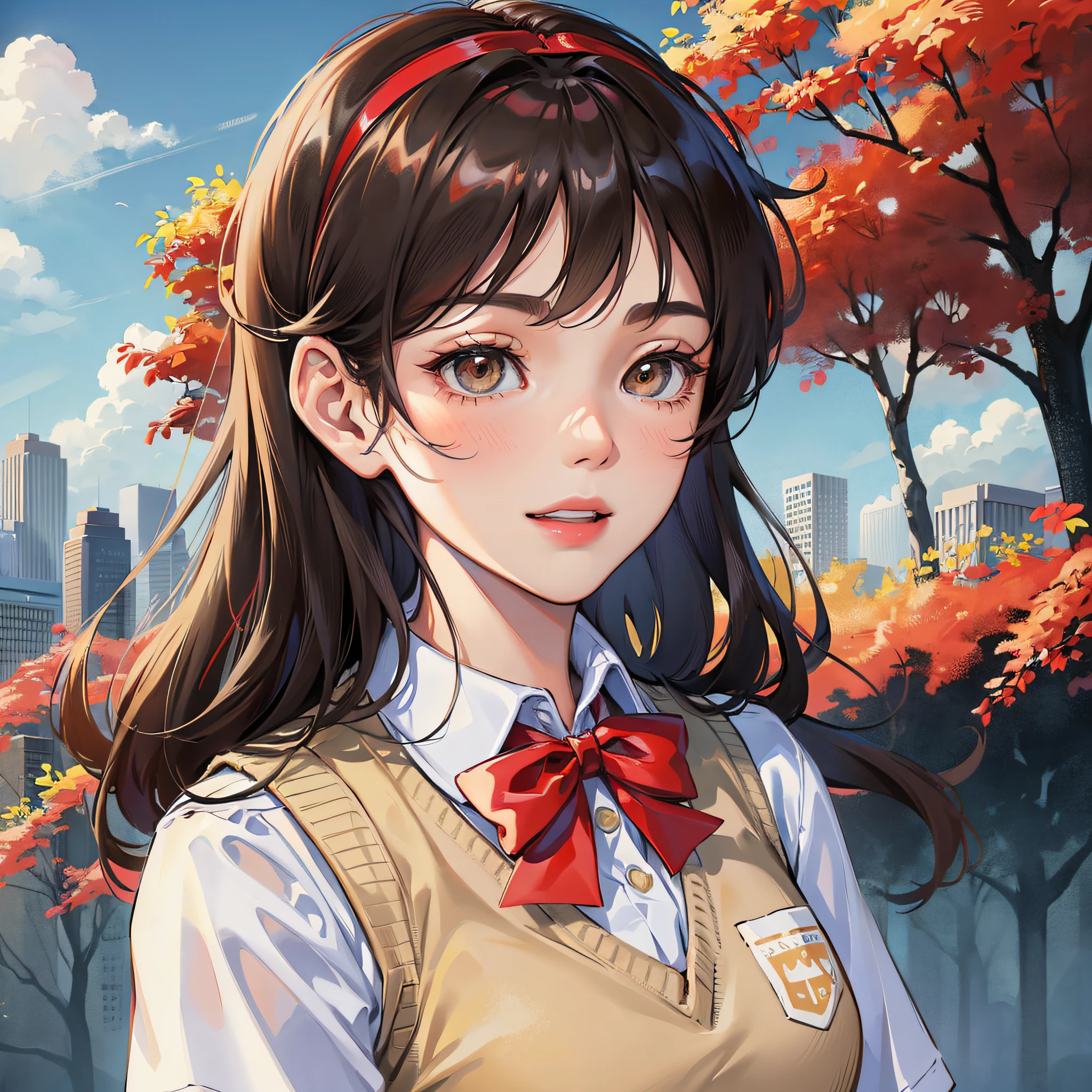 shinkai makoto, kimi no na wa., 1girl, bangs, black hair, blue sky, blush, bow, bowtie, brown eyes, cloud, collared shirt, hair ribbon, hairband, looking at viewer, negative space, outdoors, red bow, red bowtie, red hairband, red ribbon, ribbon, school uniform, shirt, short hair, sky, smile, solo, sweater vest, upper body, vest, white shirt, yellow sweater vest, yel --auto --s2