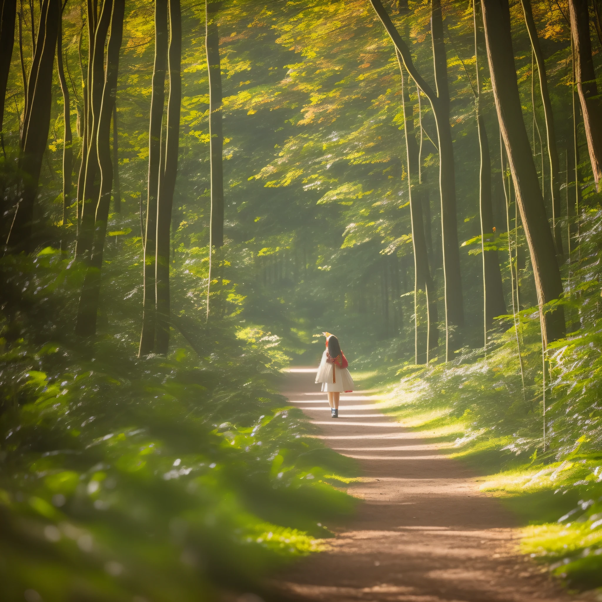 There is a girl who is walking down a path in the forest, a maid in a magical forest, enjoying a walk in the forest, lush anime John 8K woods, forest city streets behind her, in a magical forest, walking around a forest, anime nature, on the forest path, in the magical forest, little curvilinear , Strolling in the forest with a dragon