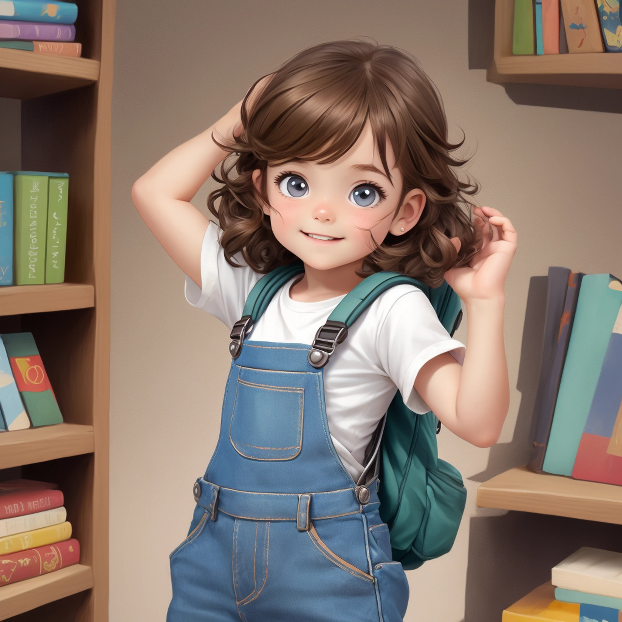 little adventurer named Anne, various poses and expressions on white background, children's book illustration style, simple, cute, 6 years old, colors, shoulder length brown hair, ringlet, white short-sleeved shirt, a denim overalls without feel, without a hat, without a book, without glasses, with a backpack --auto --s2