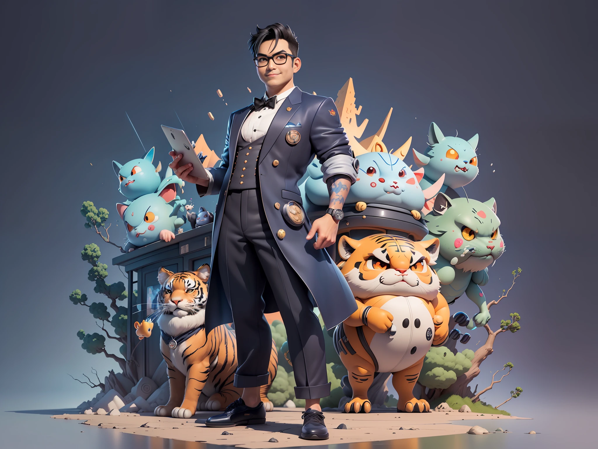 ((Masterpiece), (Extreme Quality), (Super Meticulous), (Full Body: 1.2), Super Young Man, Oriental Face, Japanese Wind and Thunder, Dragon, Tiger, TV Anchor, Bust Portrait Illustration, Alone, Black Formal Suit, Blue Tie, Slightly Chubby Face, Silver Glasses Face Very Clean No Beard, Black Super Short Hair, Black Eyes, Confident Smile, 3c Computer Sub-Products, iPad, iPhone, Digital Painting, 3D Character Design by Akira Toriyama and Mark Claireden and Pixar and Hayao Miyazaki, The illustration is a high-definition illustration in 4K resolution with very detailed facial features and cartoon-style visuals.