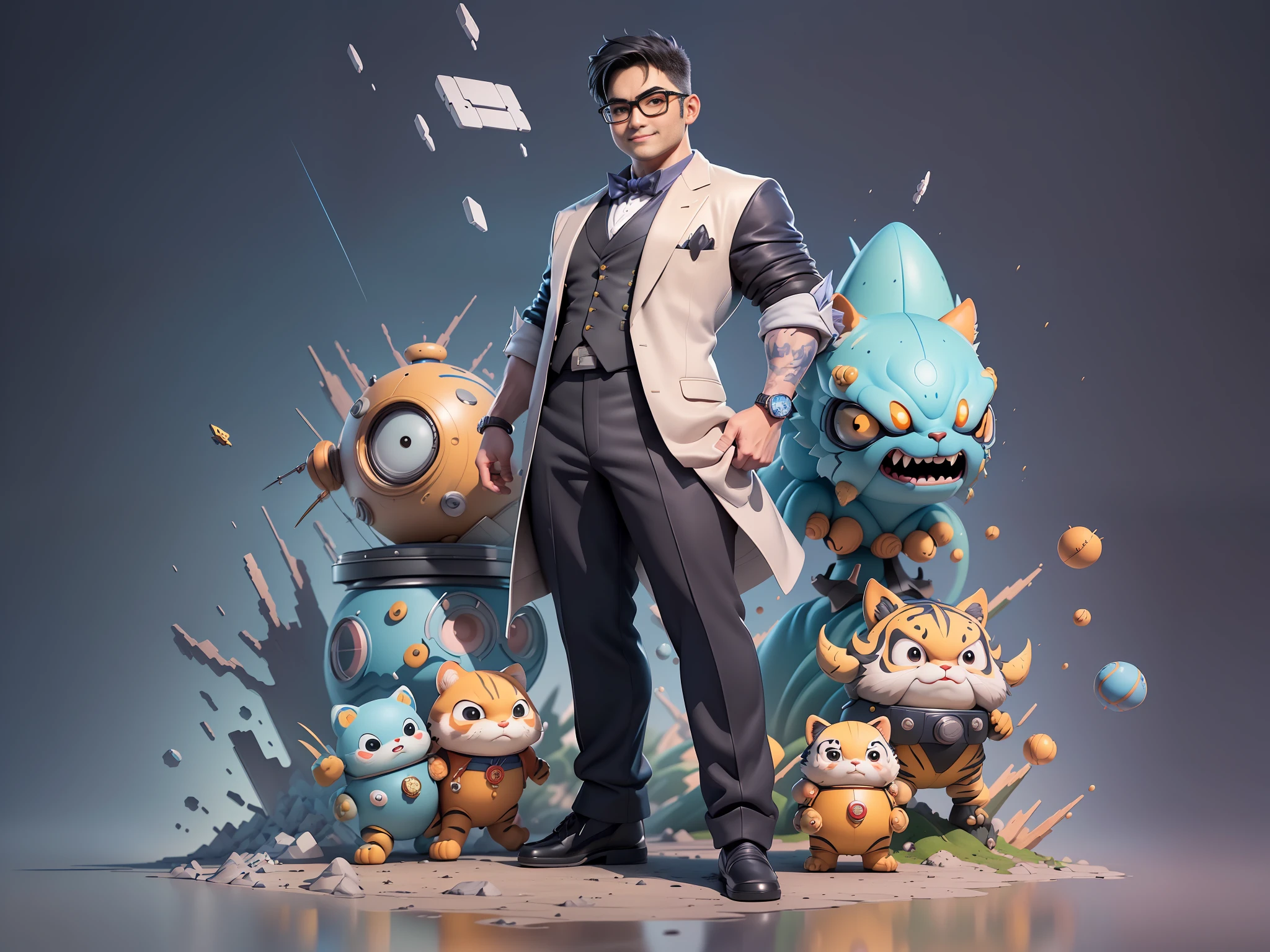 ((Masterpiece), (Extreme Quality), (Super Meticulous), (Full Body: 1.2), Super Young Man, Oriental Face, Japanese Wind and Thunder, Dragon, Tiger, TV Anchor, Bust Portrait Illustration, Alone, Black Formal Suit, Blue Tie, Slightly Chubby Face, Silver Glasses Face Very Clean No Beard, Black Super Short Hair, Black Eyes, Confident Smile, 3c Computer Sub-Products, iPad, iPhone, Digital Painting, 3D Character Design by Akira Toriyama and Mark Claireden and Pixar and Hayao Miyazaki, The illustration is a high-definition illustration in 4K resolution with very detailed facial features and cartoon-style visuals.