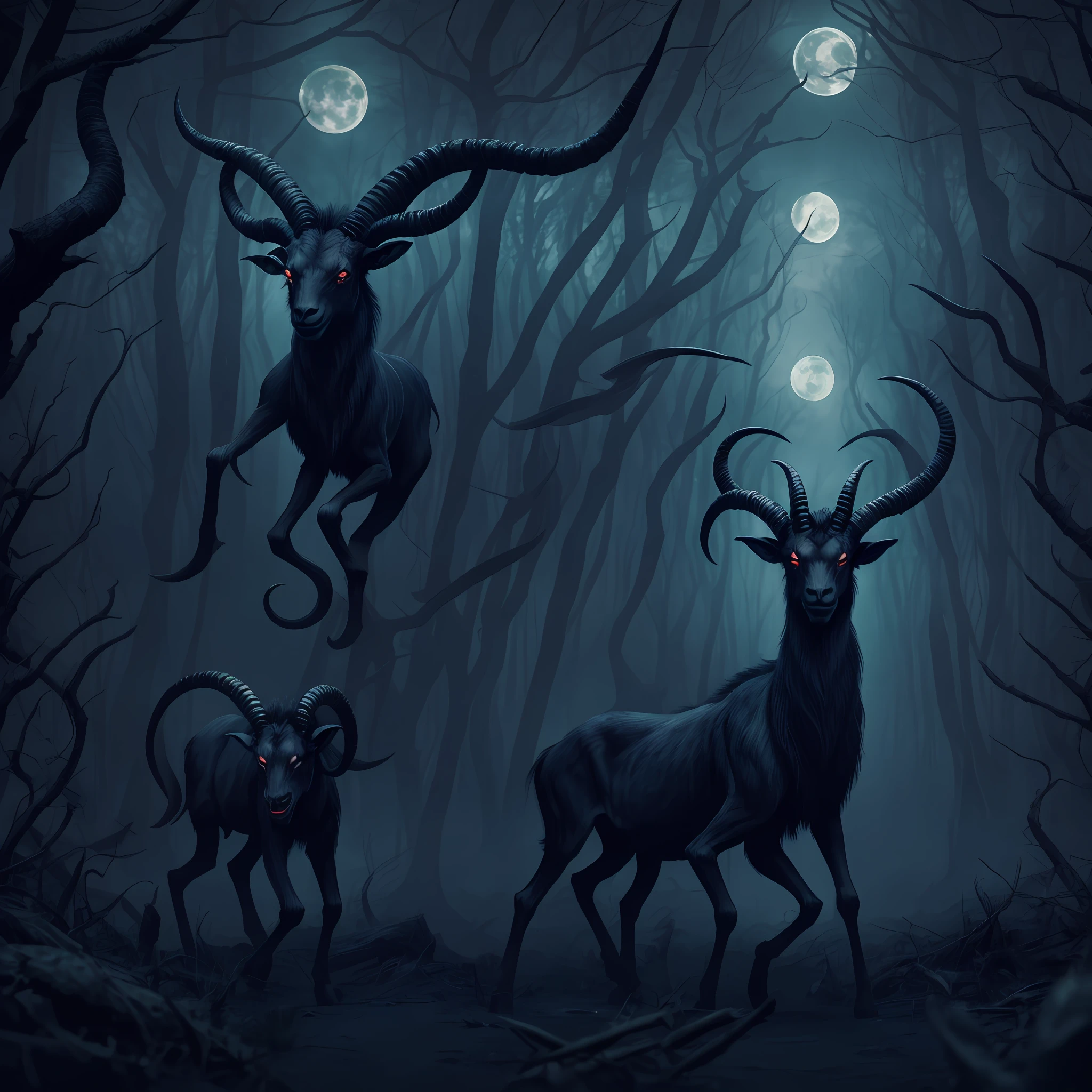 Forest, at night, moonlight, seven-headed, ten-horned monster, scary red eyes, long arms, scaring humans, blood on the ground, scary, goat, Capricorn, demon. Maximum quality, details.