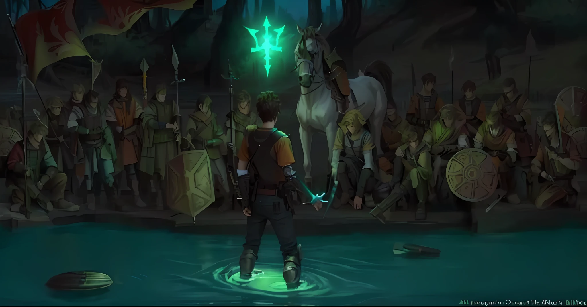 4k, realistic, very detailed, Teenage male, dark brown hair, wearing orange T-shirt and long jeans, is on his back in a lake, sword in hand, wearing leather armor. Over its head is a hologram of a bright green trident. Outside the lake several teenagers in armor knelt before him. There is also in the background a centaur looking at the teenager