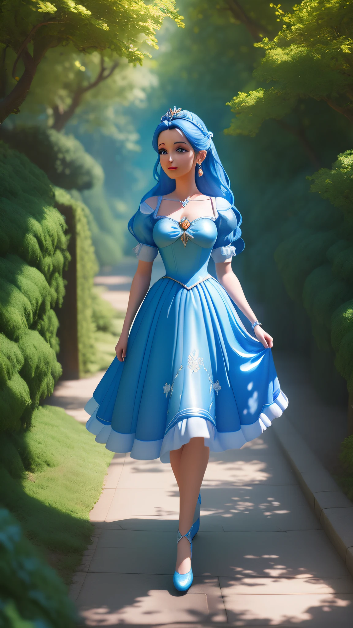 arafed image of a woman in a blue dress walking down a path, photorealistic disney, 3 d render character art 8 k, stylized as a 3d render, 3 d render stylized, beautiful render of a fairytale, beautiful fantasy maiden, realistic fantasy render, beautiful female princess, beautiful full body concept art, disney character style, retro and fantasy style
