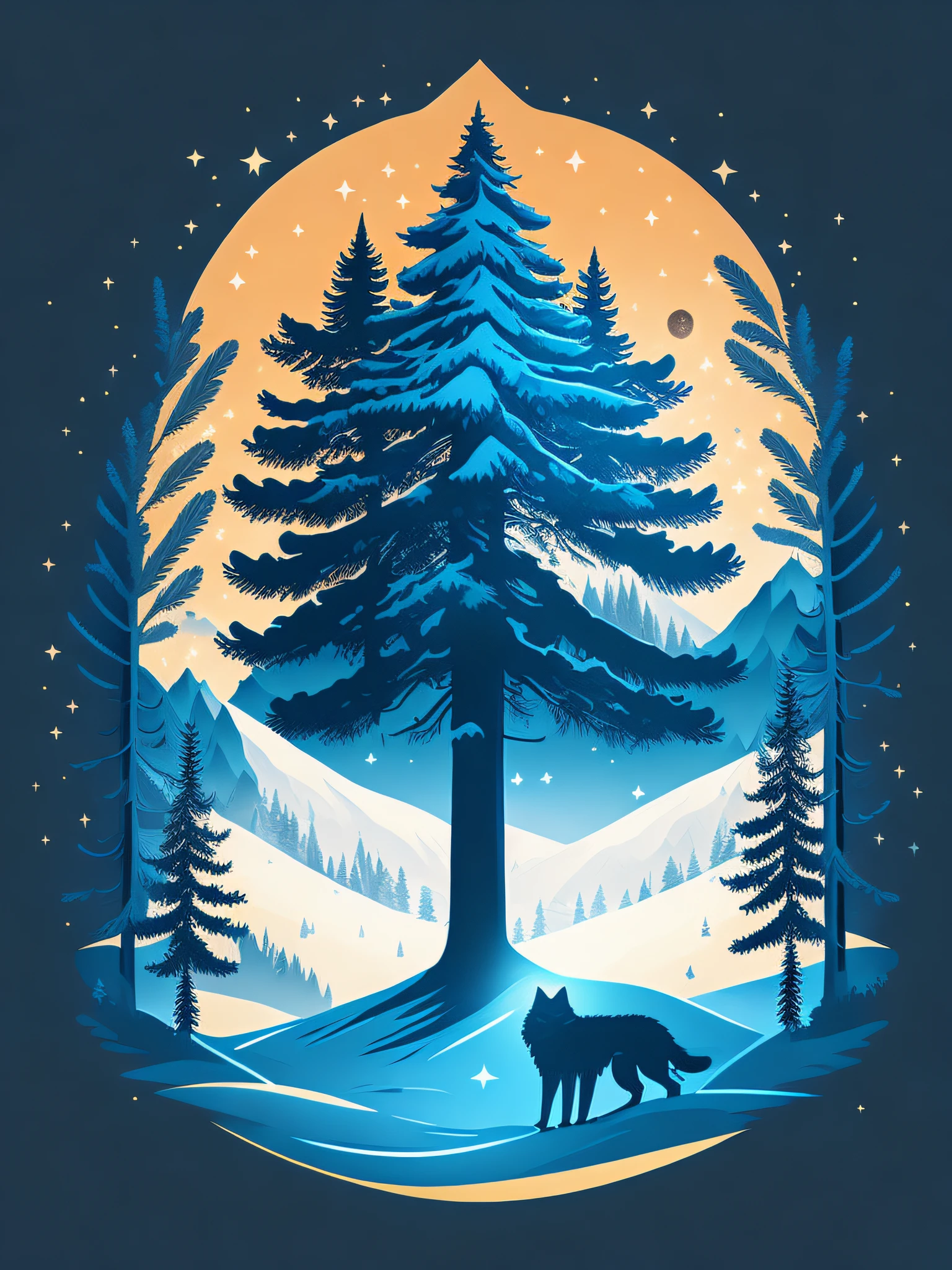 A spruce tree in a winter landscape, wolf sitting in front of tree, T-shirt design, rzminjourney, vector art