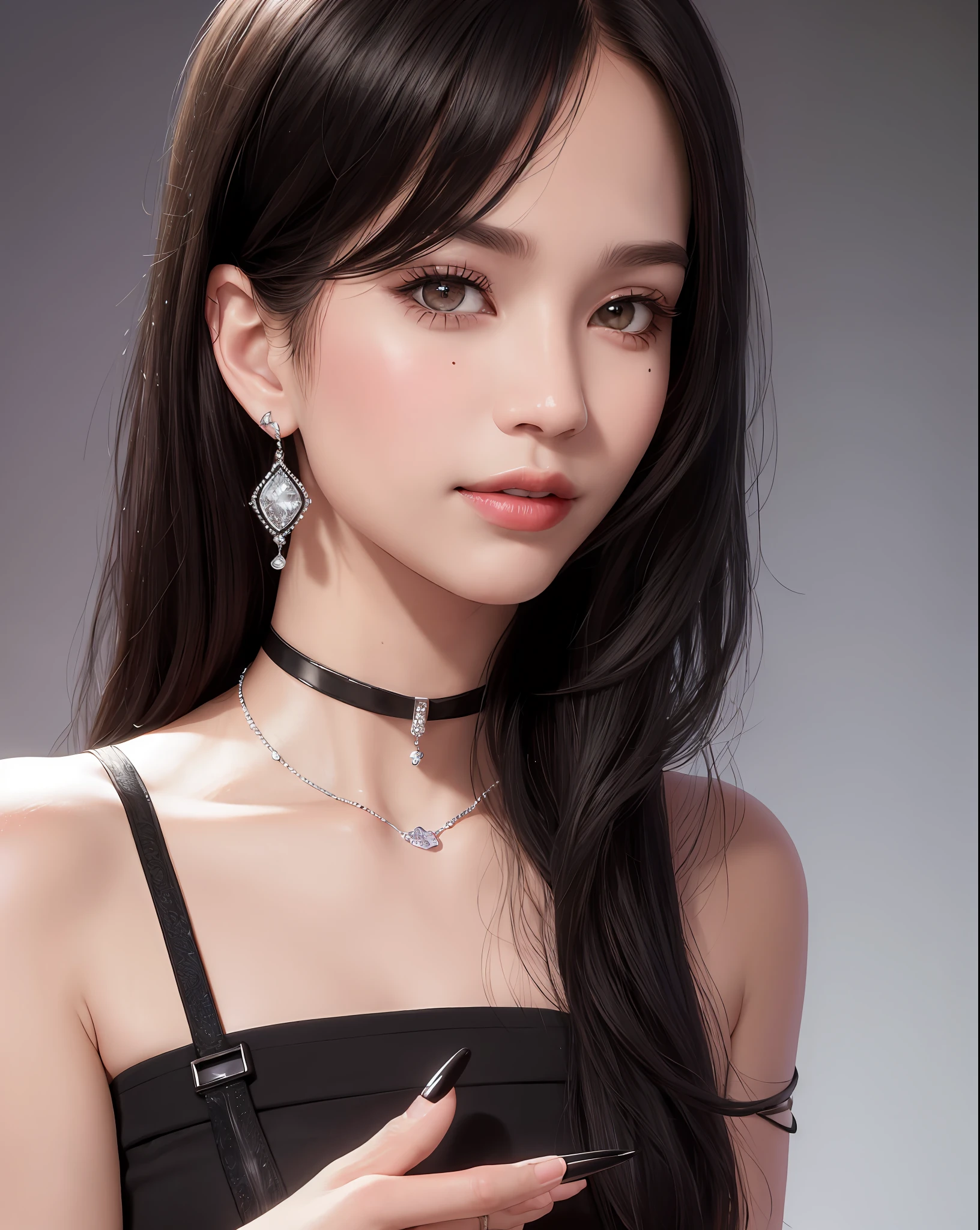 masterpiece,best quality,ultra-detailed,8K,detailed light,detailed shadow,RAW, (detailed skin),(realistic:1.2),
1girl,face,
pilyeon, black nails, jewelry, Long hair, looking at viewer, choker, necklace,piercing, white background, heart, closed mouth, grey eyes, nail polish, simple background, black hair, ear piercing, black choker, smile, eyelashes, lips, hand on own cheek, bangs, bracelet, beads, gem, earrings, fingernails