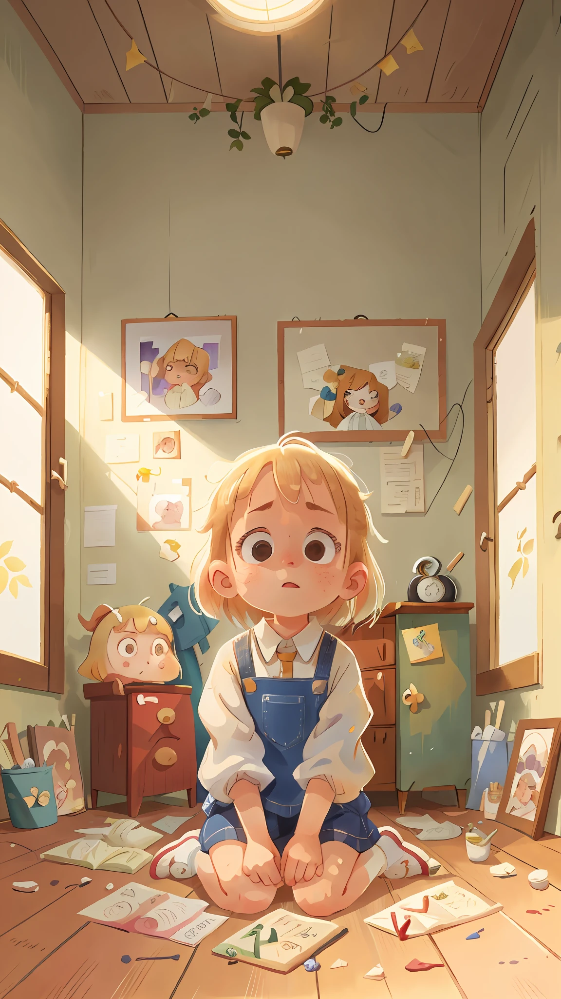 Watercolour. Blonde girl, serious, scared, afraid, kneeling on the floor, looking down, full body, white background, perfect quality, (mess-house: 0.8), (masterpiece: 1.2) (Realistic: 1.2) (Bokeh) (Best quality) (Detailed skin: 1.3) (Intricate details) (8K) (Detail eyes) (Sharp focus), (Happy)