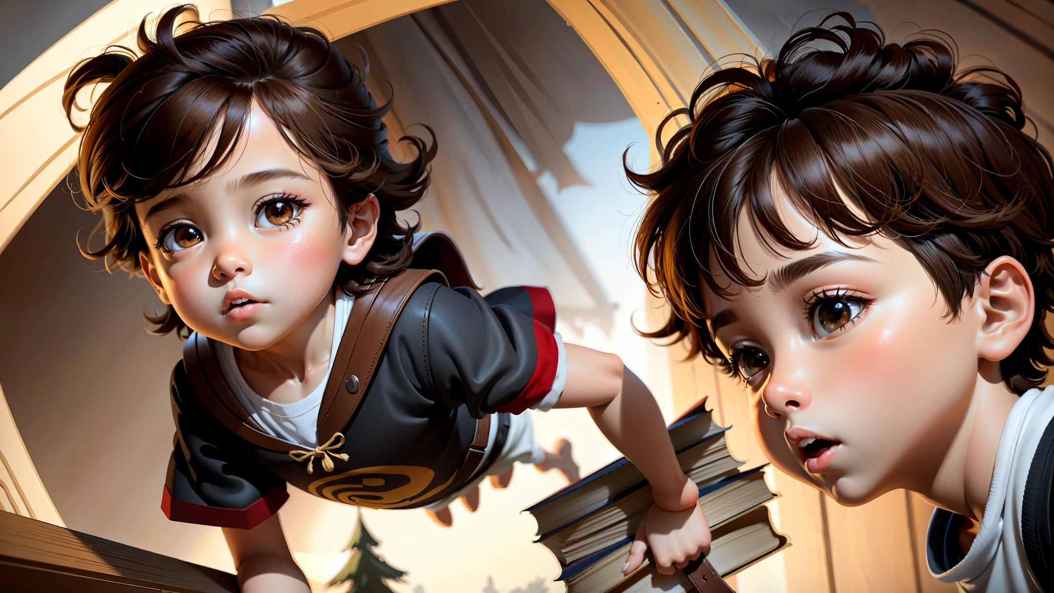 children's art in artstation, digital cartoon painting art, storybook art, cartoon concept art, epic 3d illustrations, cartoon style illustration, high quality character design, highly detailed character design, digital cartoon painting, epic digital art illustration, children's fantasy drawing, character painting, rendered art, (boy) watching a play, straight brown hair, medieval clothes, big, brown eyes.