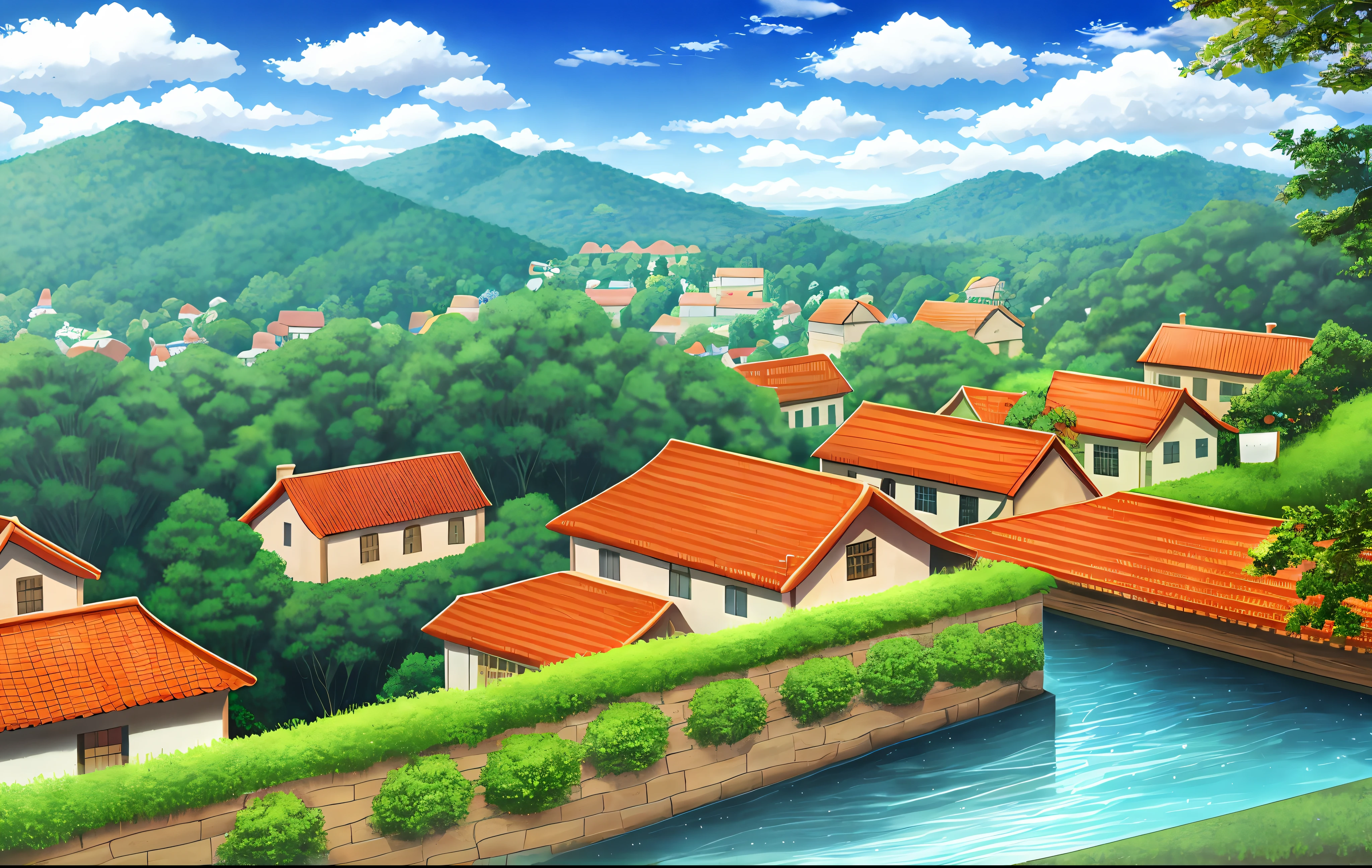 scenery, forest, village, well, sky, clouds