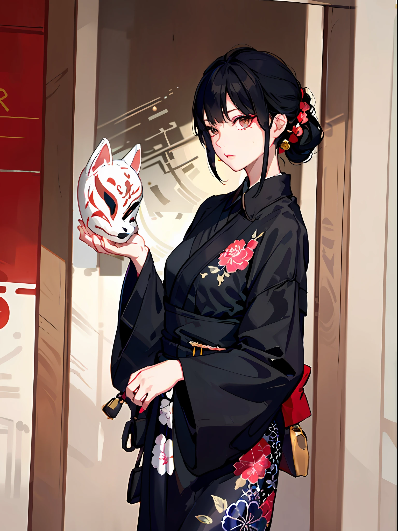 (Fox Face))), Mask, Yorime, Gas Mask, Ahegaovery / Sexual Ecstasy), Black Hair, Bob Cut, Black and Red Nurse Uniform, Straight Hair, Nurse Costume, (Masterpiece: 1.2, Best Quality), (Beautiful Eyes of Detail: 1.2), (Detailed Background, Dark Fantasy), (Beautiful Detailed Face), High Contrast, (Best Lighting, Very Delicate and Beautiful), ((cinematic light)), colorful, hyper detail, dramatic light, intricate detail, pigeon toe