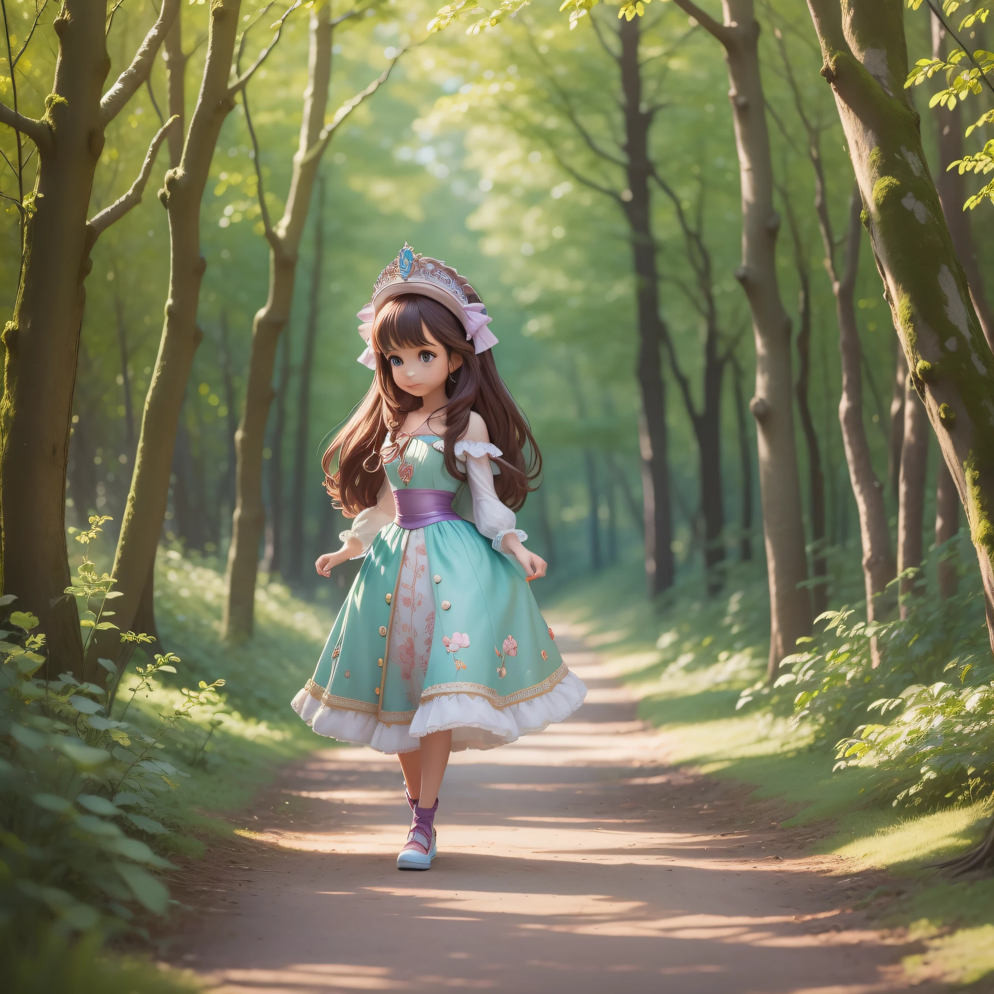 Create a Pixar princess strolling in the woods by the sea