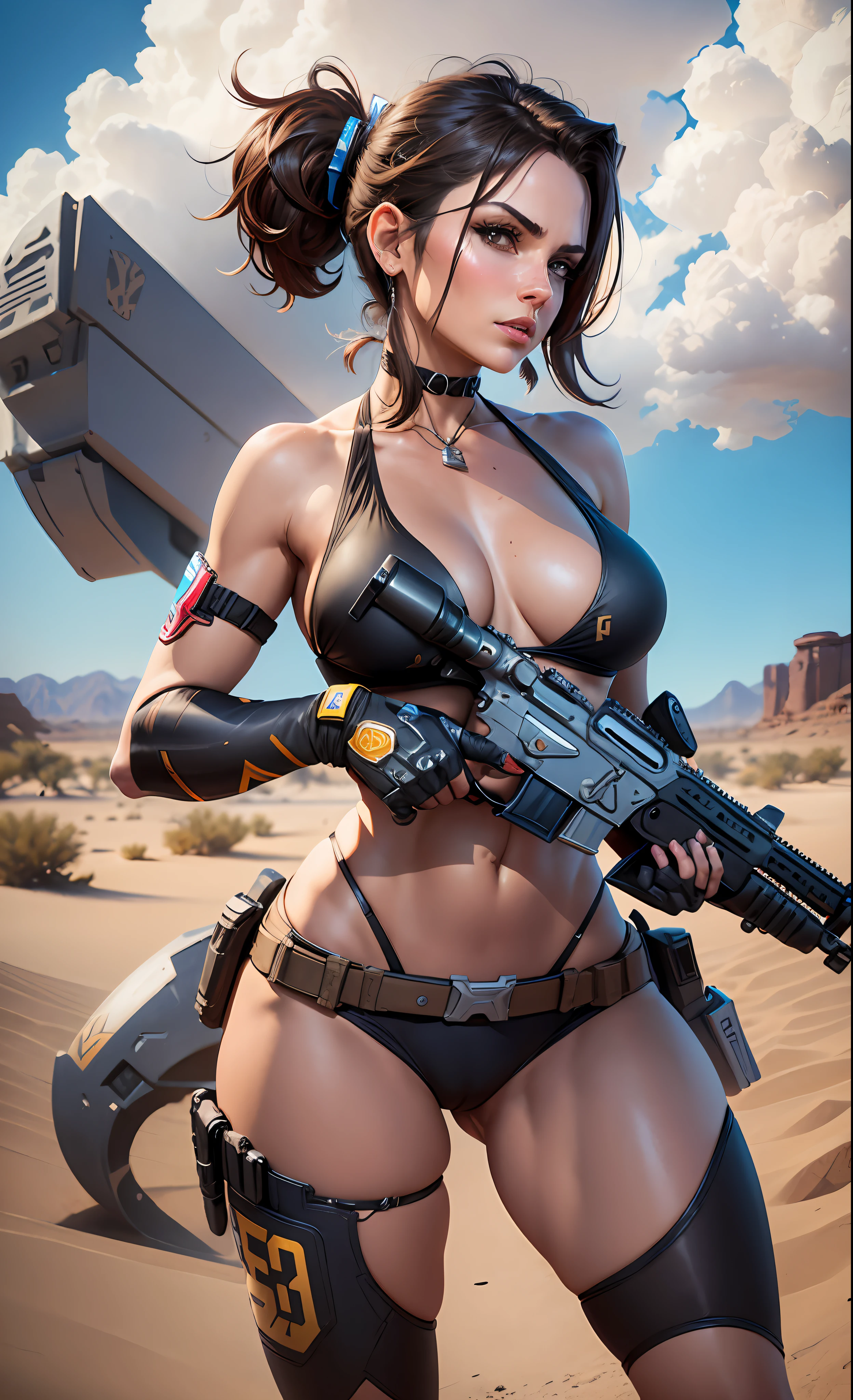 arafed woman in a bikini holding a gun in a desert, barbara hammer 4 k, action glamour pose, close up half body shot, waist - shot, with pistol, cinematic goddess body shot, as overwatch character, close-up shoot, cinematic shot ar 9:16 -n 6 -g, inspired by Gil Elvgren, middle close up shot