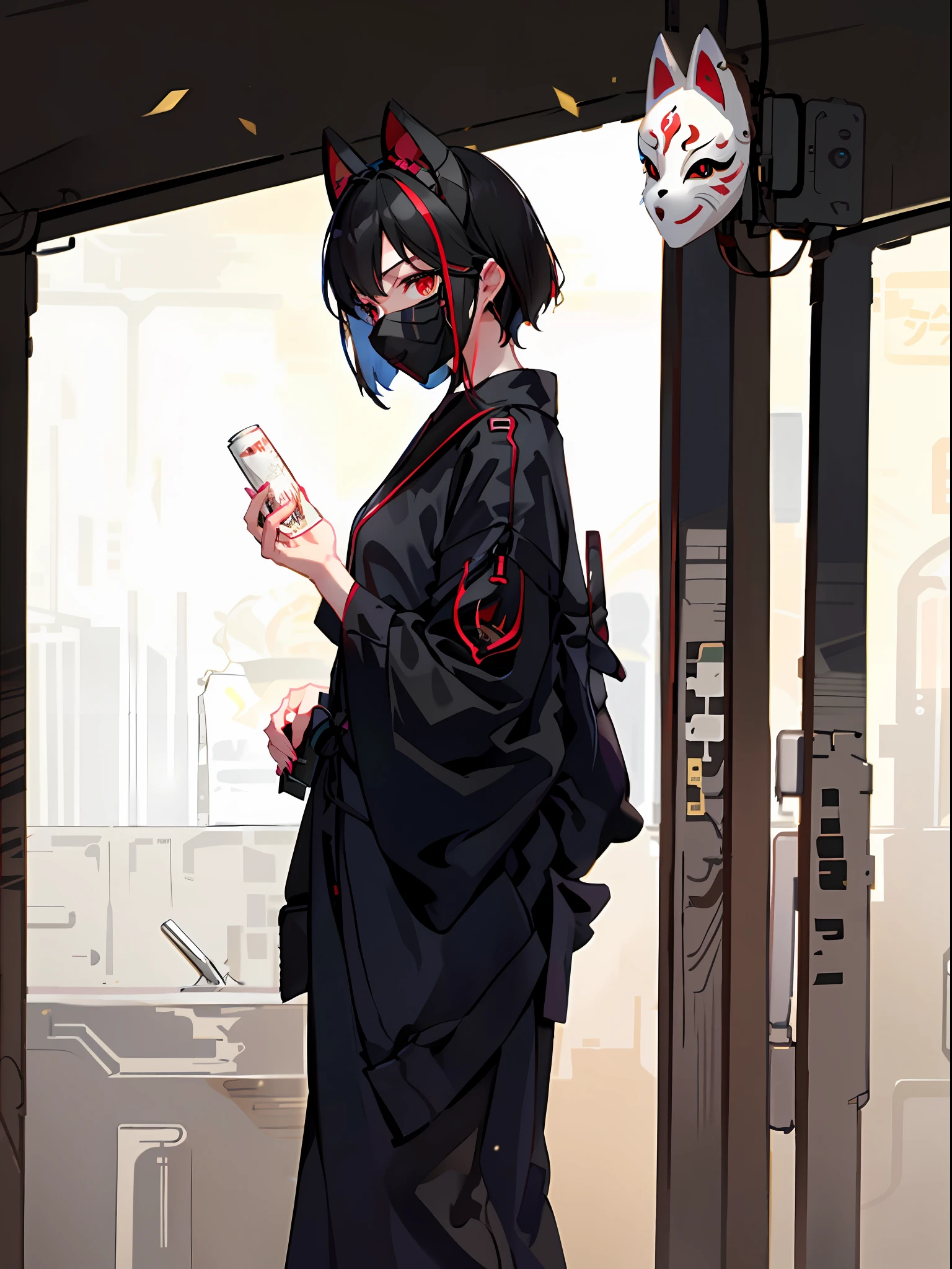 (Fox Face))), Mask, Yorime, Gas Mask, Ahegaovery / Sexual Ecstasy), Black Hair, Bob Cut, Black and Red Nurse Uniform, Straight Hair, Nurse Costume, (Masterpiece: 1.2, Best Quality), (Beautiful Eyes of Detail: 1.2), (Detailed Background, Dark Fantasy), (Beautiful Detailed Face), High Contrast, (Best Lighting, Very Delicate and Beautiful), ((cinematic light)), colorful, hyper detail, dramatic light, intricate detail, pigeon toe