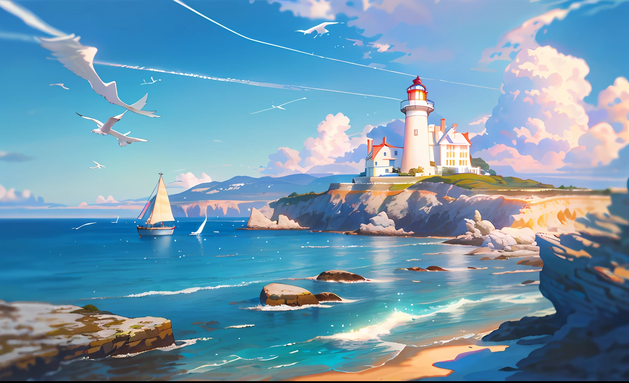 (masterpiece, best quality:1.1), wide angle, from below, (white cliff), mountain, blue ocean, low tide, sea waves, rocky beach, contrail, seagulls, horizon, breeze, summer, morning, sunny, cloud, calm, fresh air, sailboats, lighthouse, depth of field