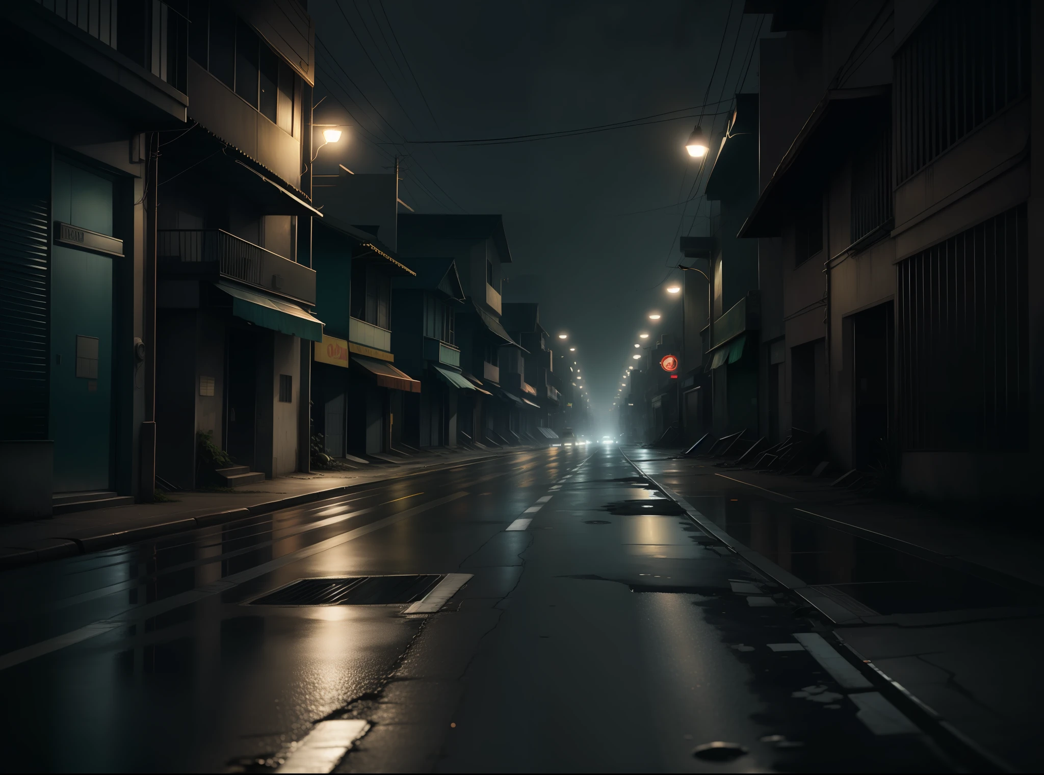 Empty and abandoned streets, dim lights, gloomy weather