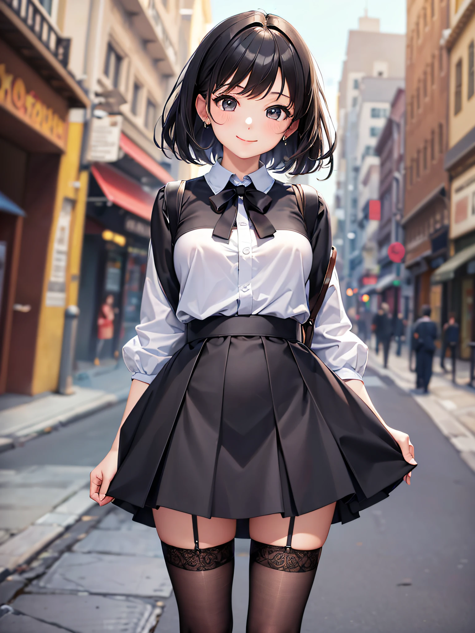 (Masterpiece, high resolution, super detail,) detailed background, 1 girl, short skirt black stockings, facing camera, full body portrait, smile, cute,