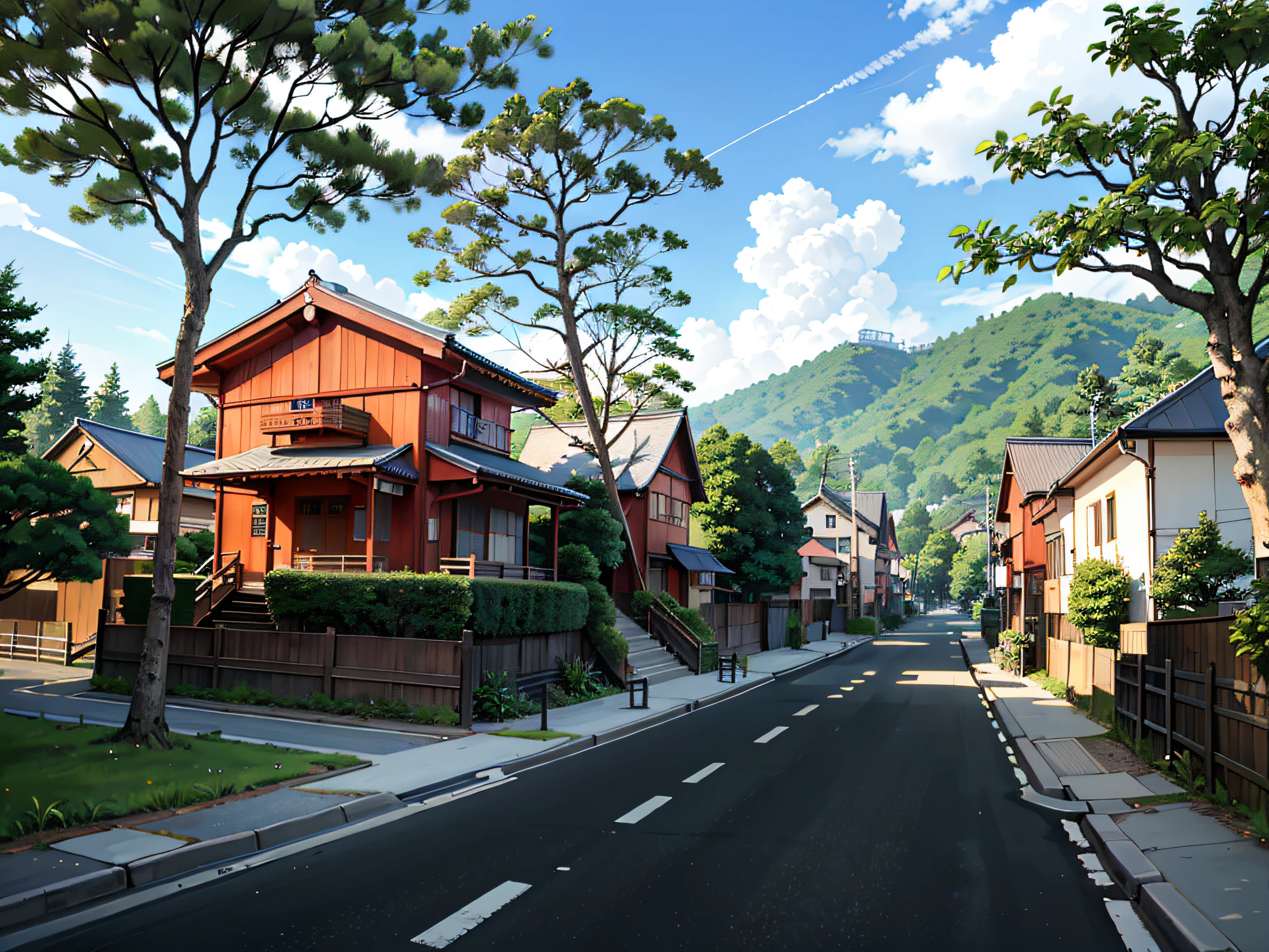 (Japanese town Landscape), (Hayao Miyazaki Style), cartoon, japanese townhouse, road, bend, small house, tree, pole, white cloud, landscape, outdoor, green trees, epic composition, realistic lighting, high-definition detail, masterpiece, the best quality, (very detailed CG unified 8k wallpaper), --v6