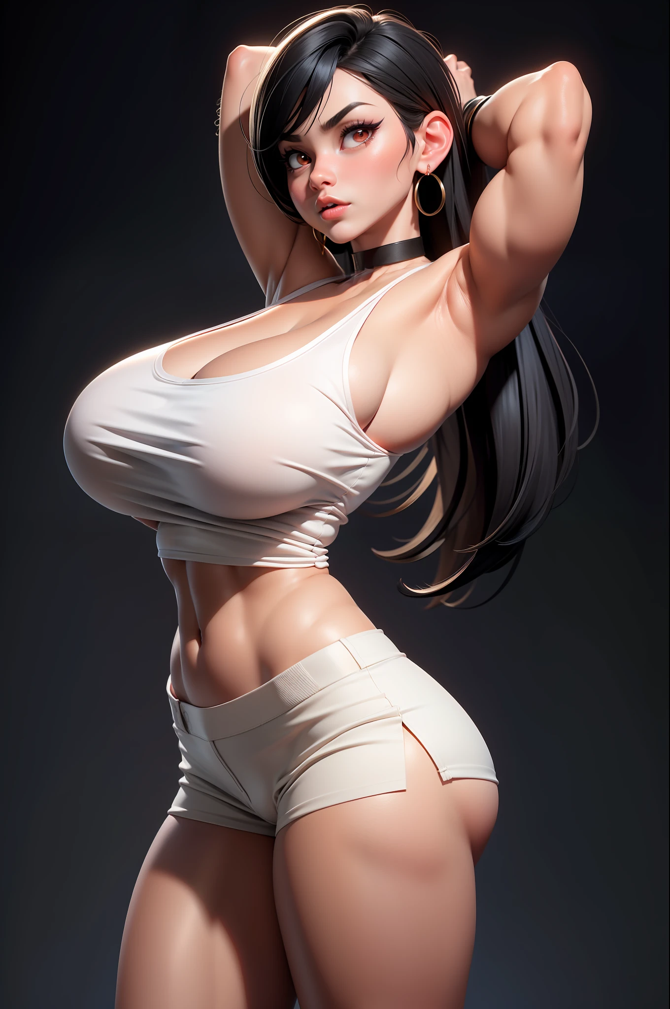 masterpiece, best quality,3d rending work ,3DMM style,close-up, 3D,1girl, solo, black hair, teardropshaped earrings, looking to the side, realistic, upper body, simple background, bangs, looking away, long straight black hair, parted lips, choker, makeup, mole, (white tank top:1.3), red eyes, tifa lockhart, (huge breasts:1.5) enormous droopy breasts, macromastia, cleavage, exposed stomach, toned abs, toned arms, black miniskirt