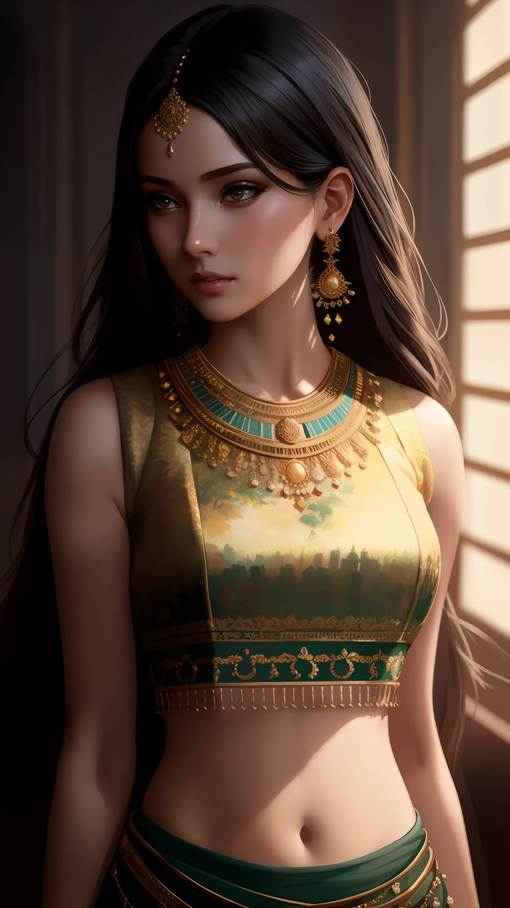 modelshoot style, (extremely detailed CG unity 8k wallpaper), full shot body photo of the most beautiful artwork in the world, stunningly beautiful photo realistic cute women in saree (midriff:1.5), professional majestic oil painting by Ed Blinkey, Atey Ghailan, Studio Ghibli, by Jeremy Mann, Greg Manchess, Antonio Moro, trending on ArtStation, trending on CGSociety, Intricate, High Detail, Sharp focus, dramatic, photorealistic painting art by midjourney and greg rutkowski