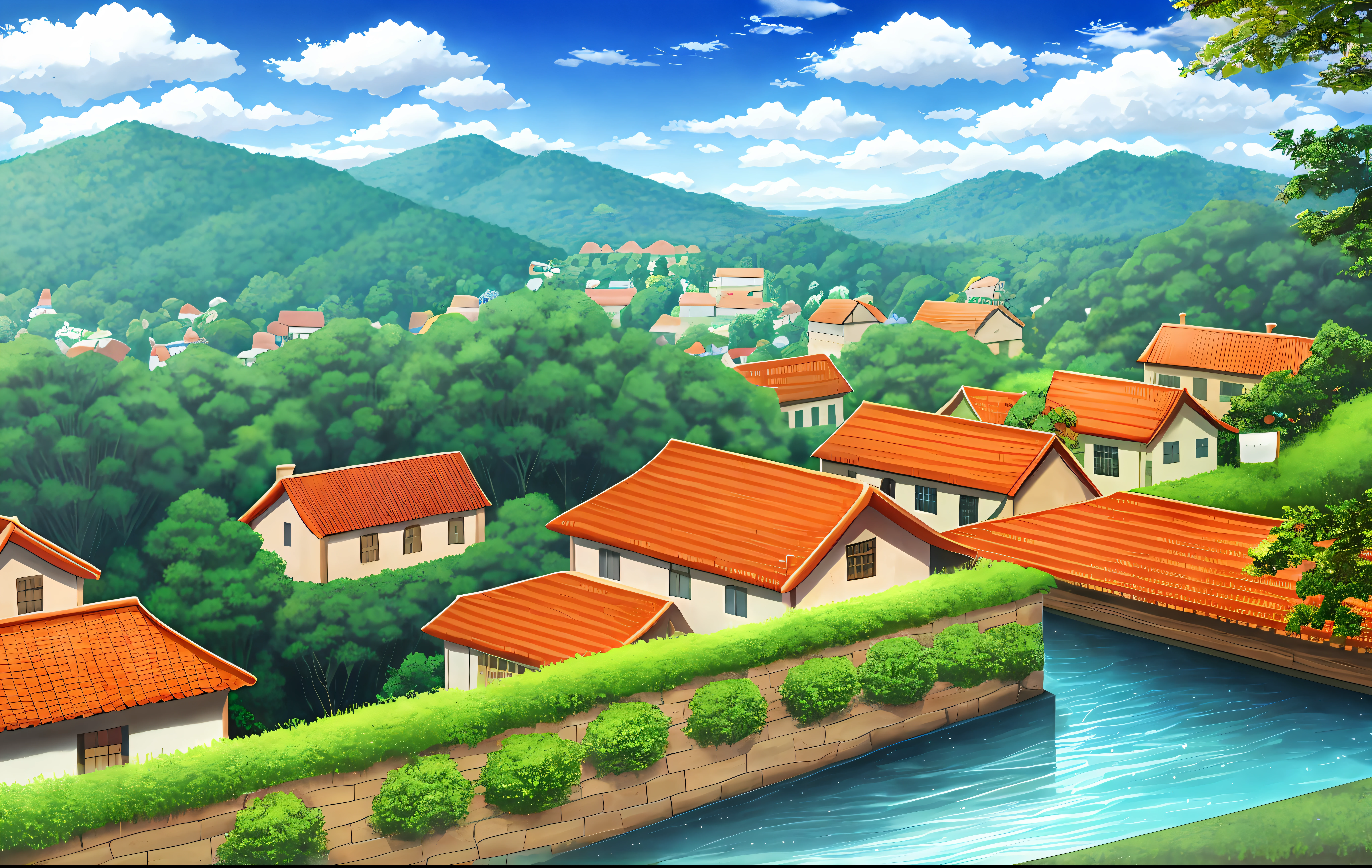 scenery, forest, village, well, sky, clouds