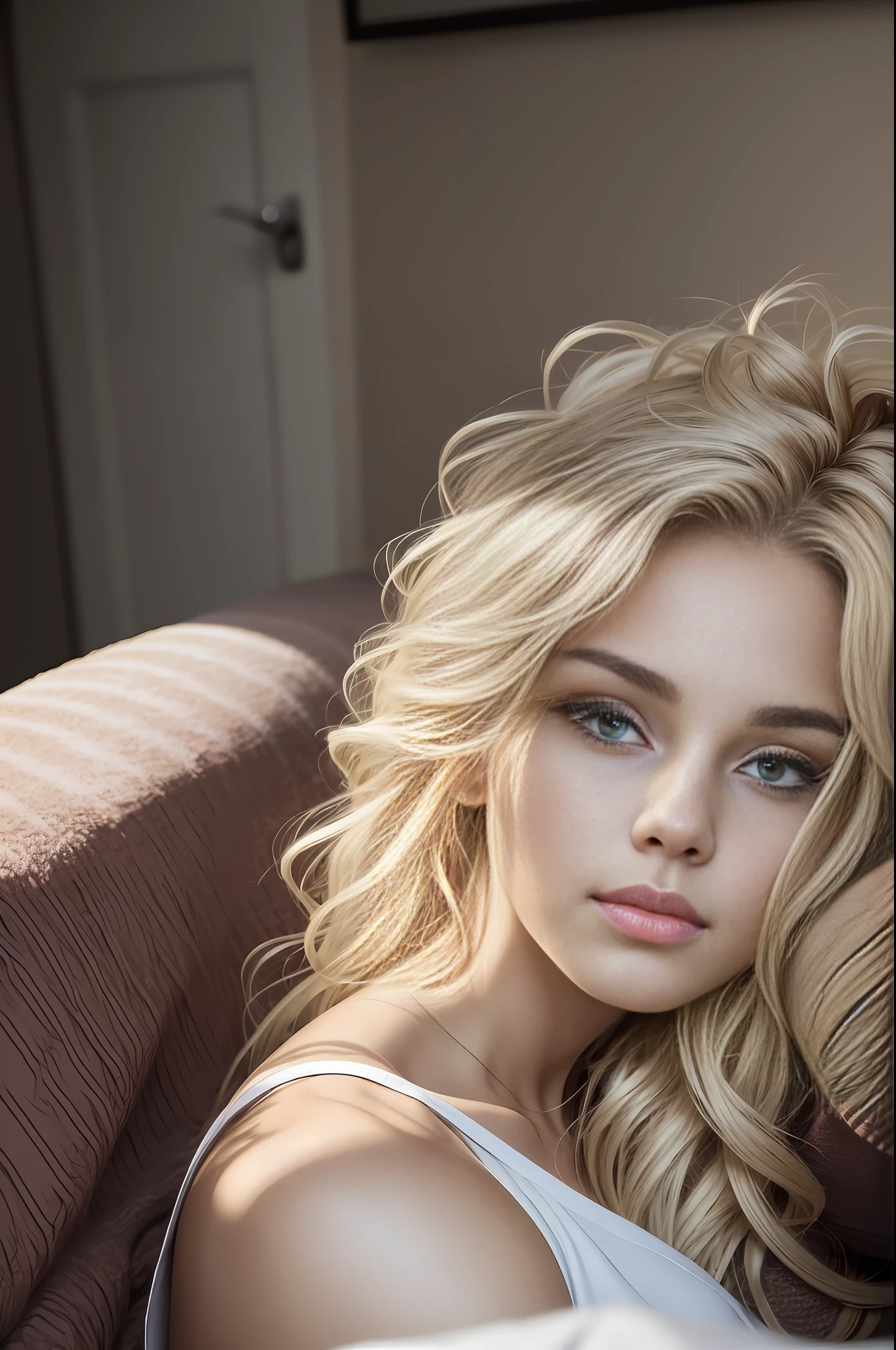 absurdres, RAW photo, highest quality, (masterpiece: 1.3), high detail RAW color photo, professional photo, extremely detailed CG 8k wallpaper unit, photo-realistic, realistic, RAW photo, masterpiece, best quality, highres,
1girl, 19 YEARS old, white, blonde hair, wavy, Average length, unkempt hair, stuck, beautiful body, perfect gorgeous face, beautiful light brown realistic eyes, fair skin, detailed skin texture, very small natural breasts. Serious. Guy who just woke up. Lying on a couch with a blanket. Selfie angle. (Sleepwear, simple design). An ordinary house, small, dark.