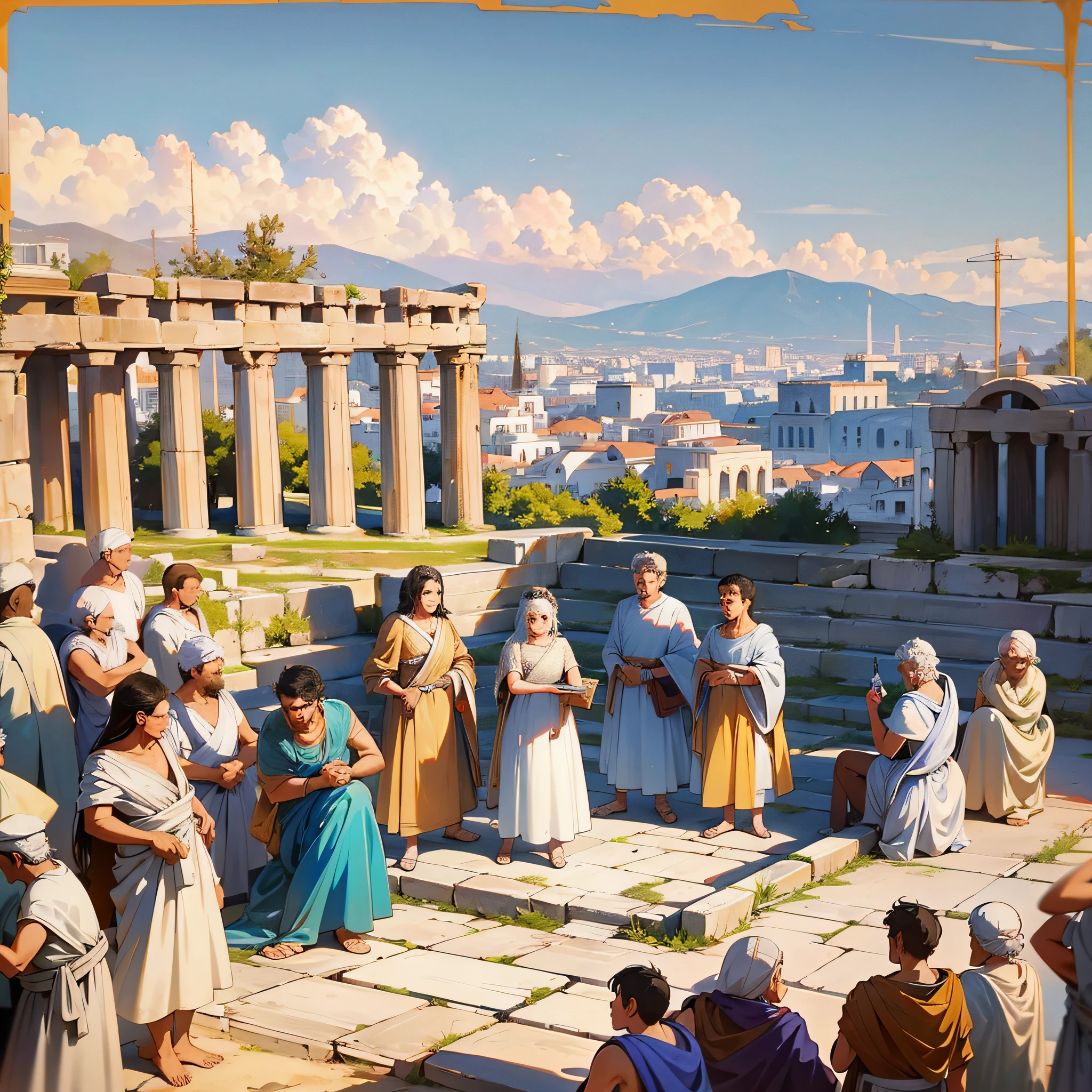 Image of an ancient Greek square with people gathered in discussion --auto --s2