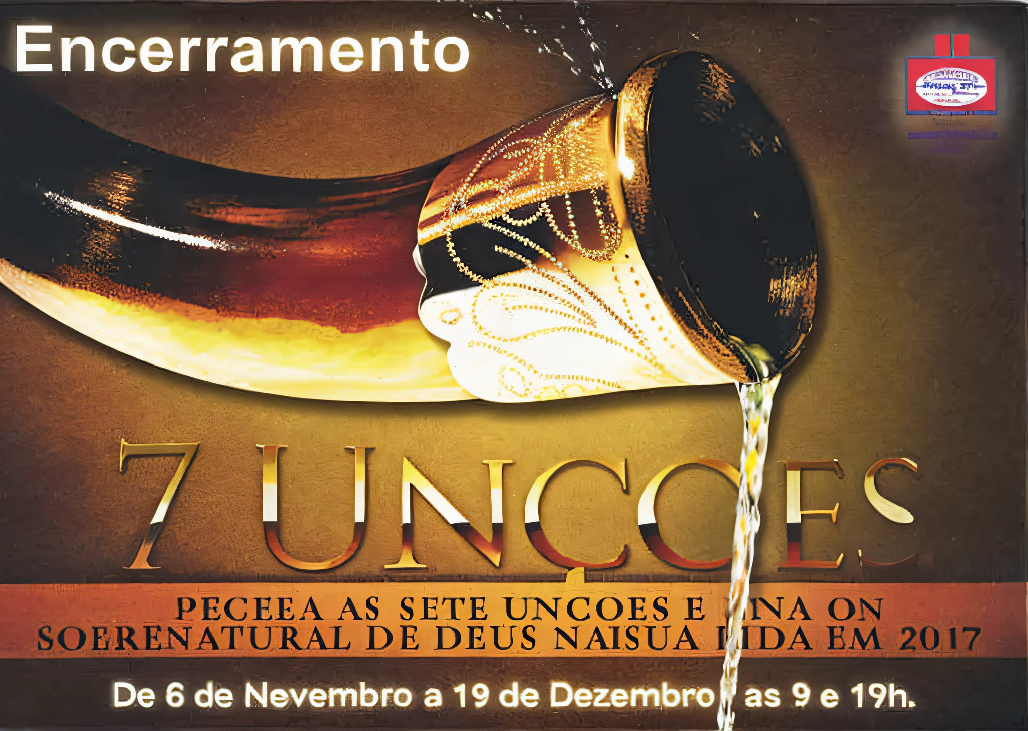 a closeup of a poster with a horn pouring water, unrea 5, un dia de paz, incoherents, by Ramón Silva, by Emerson Silva, by Antônio Parreiras, dracos, by Nuno Gonçalves, parce sepulto, by João Artur da Silva, unco corporate banner --auto --s2