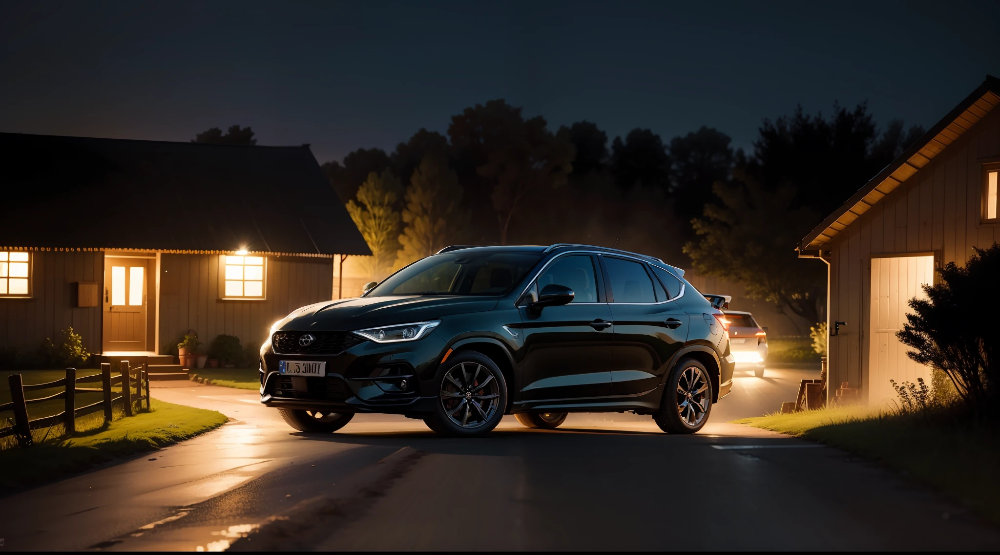 car arriving at the farm at night